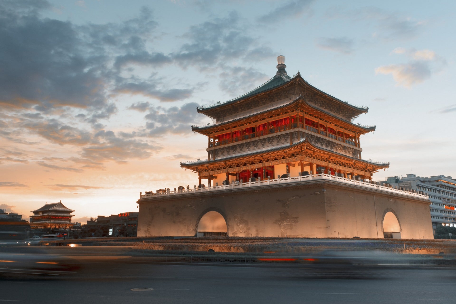 China ancient city gate tower at sunset