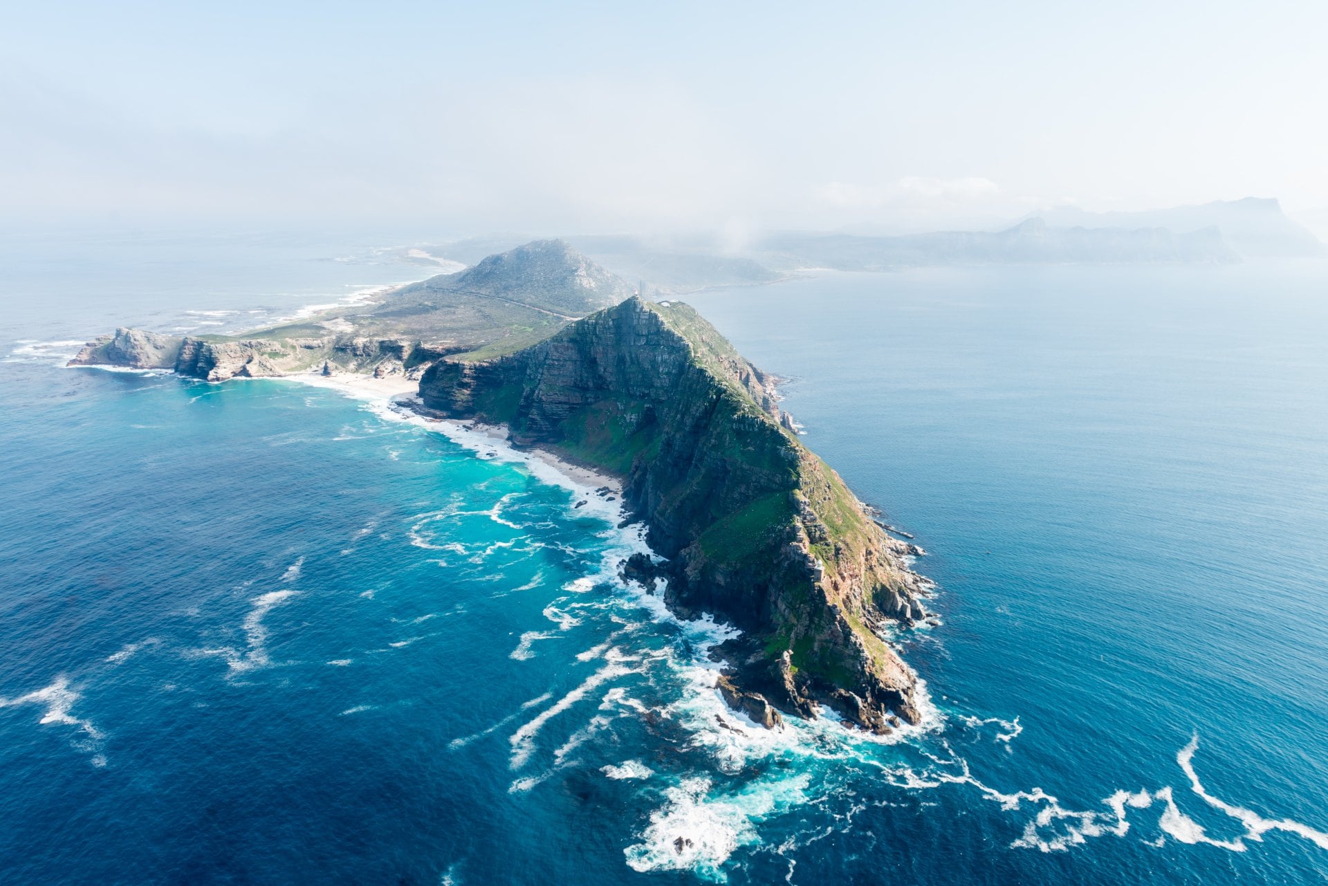 View from helicopter of cape of good hope at the southern tip of Cape Town