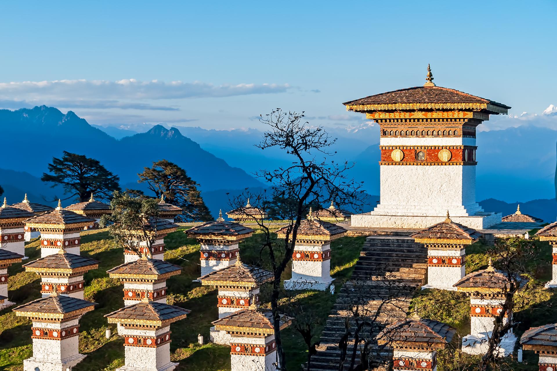 Dochula Pass with Himalaya in background, where 108 memorial Druk Wangyal Chortens were built by Ashi Dorji Wangmo Wangchuk