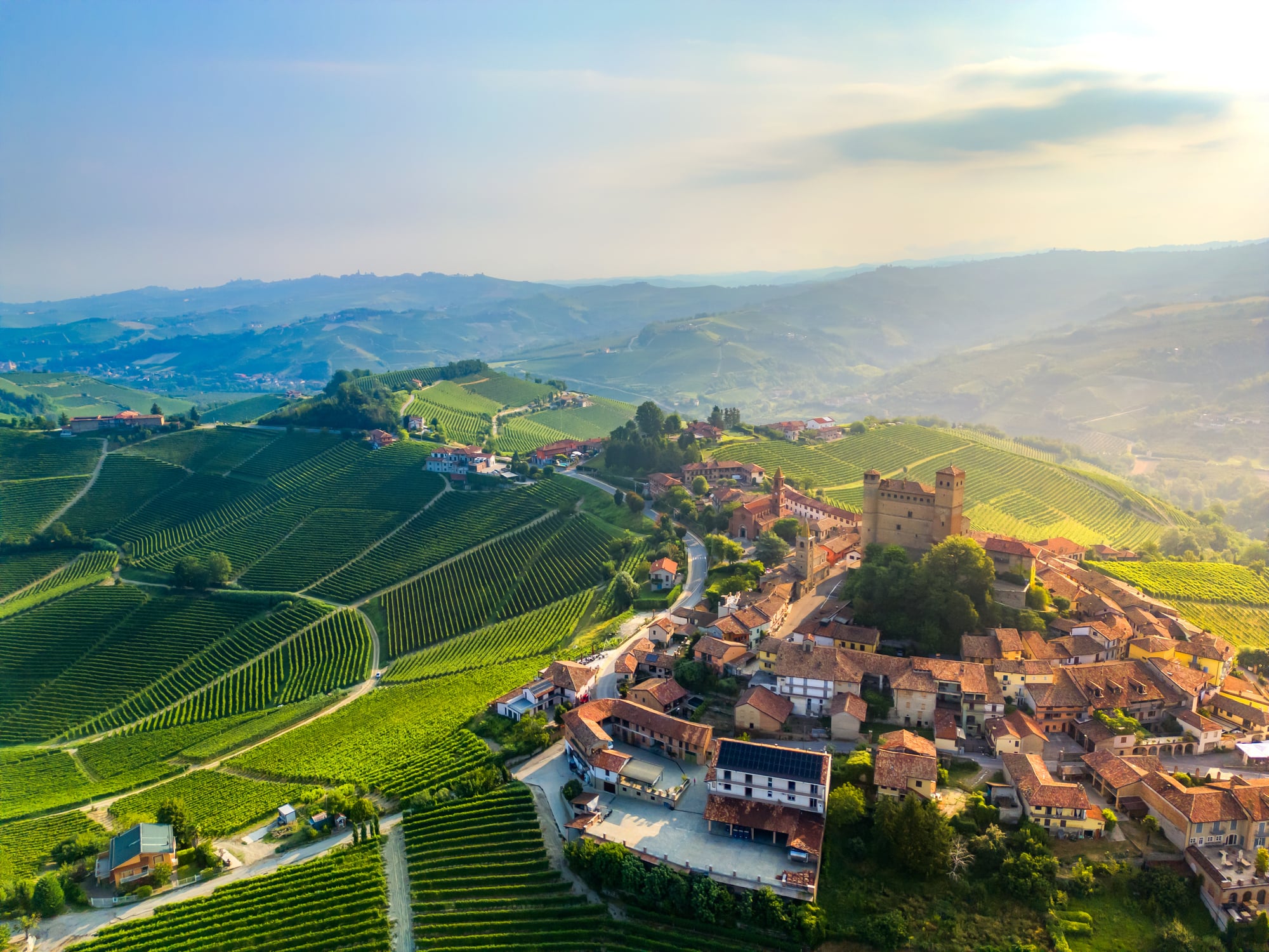 Aerial view of the town of Serralunga d'Alba in Piedmont region of Italy.