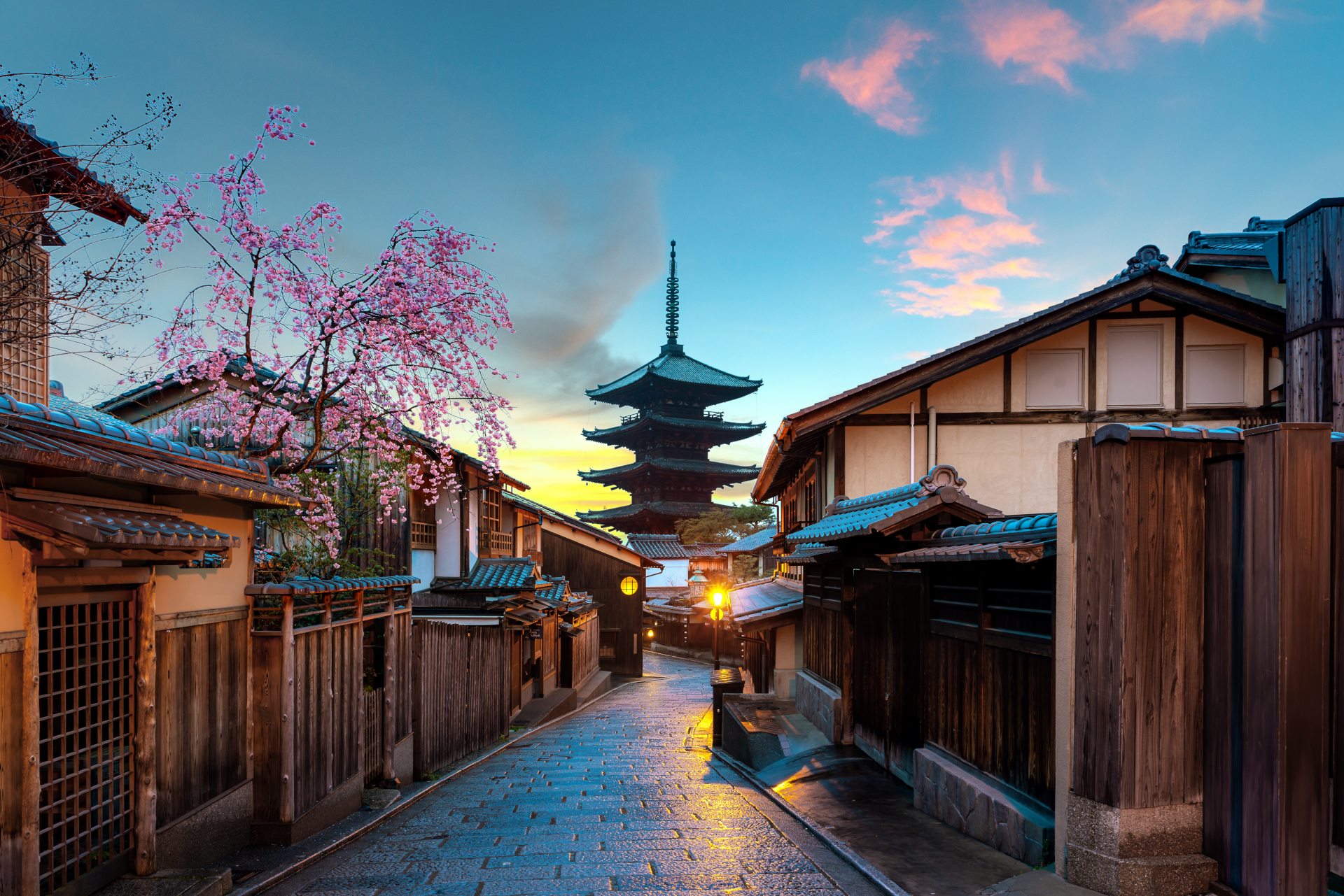 Japanese city street with pagoda and traditional homes