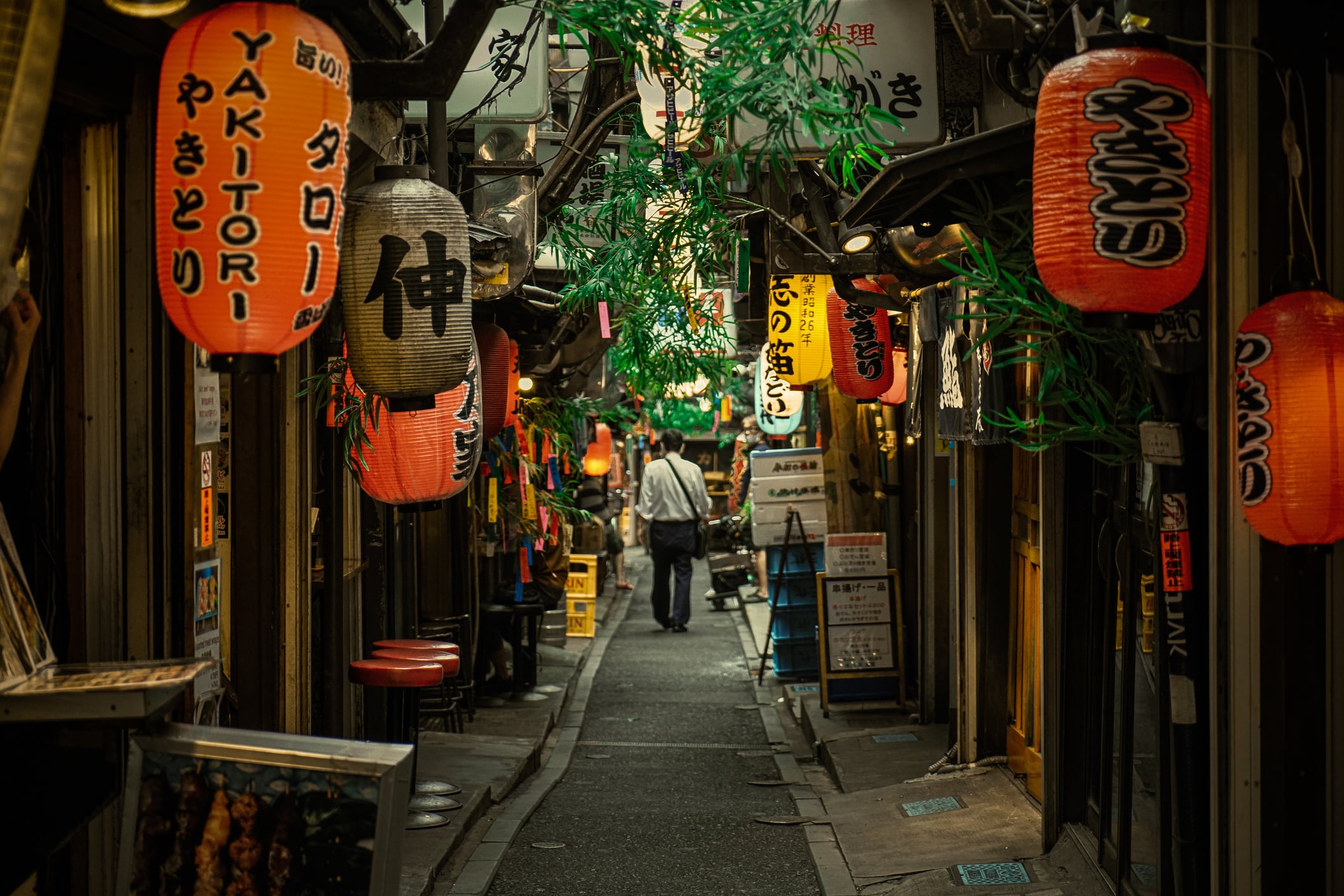A view of a back alleyway in Shinjuku neighbourhood of Tokyo, Japan, with traditional red lanterns.