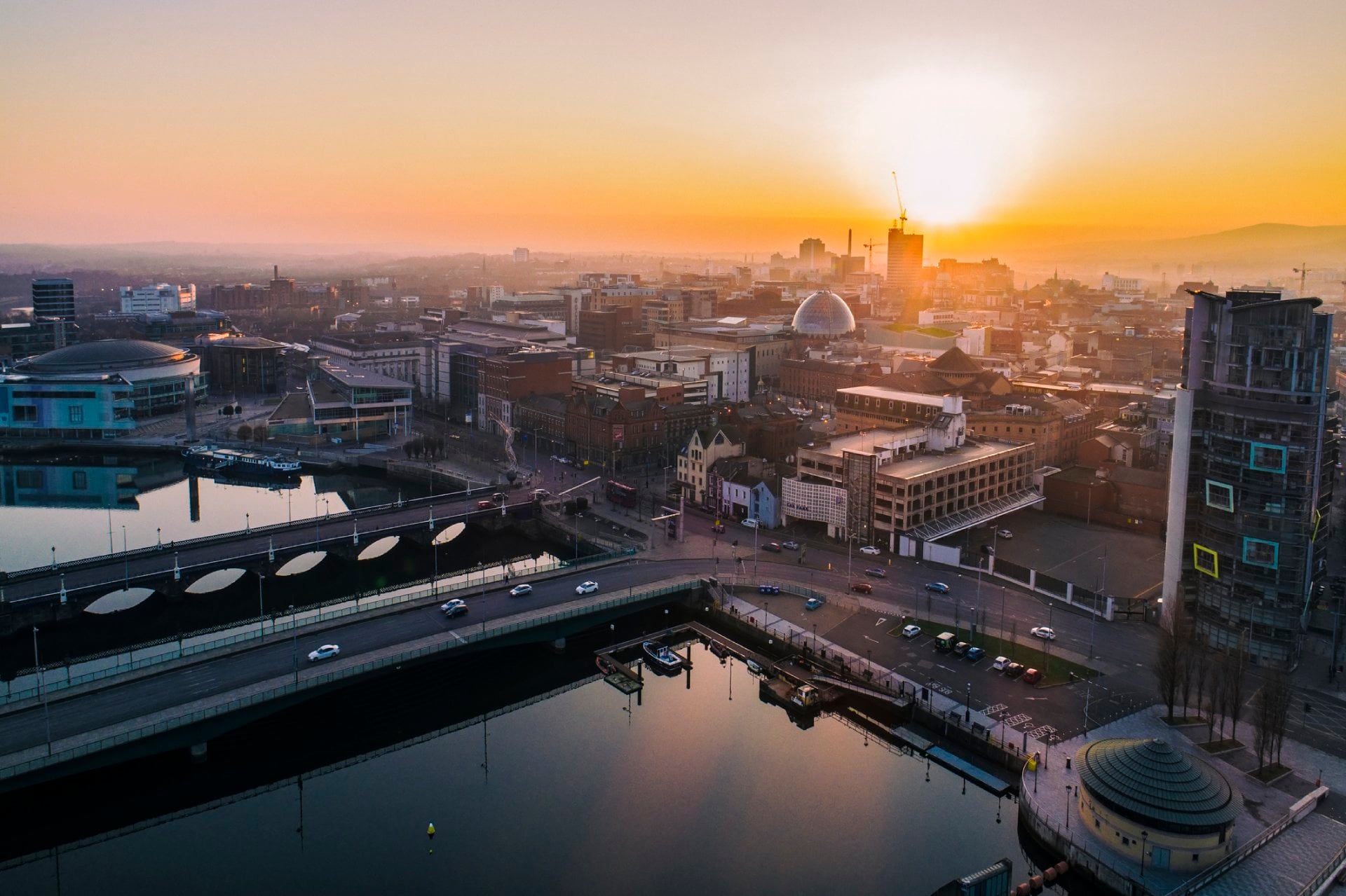 Belfast sunset aerial view 