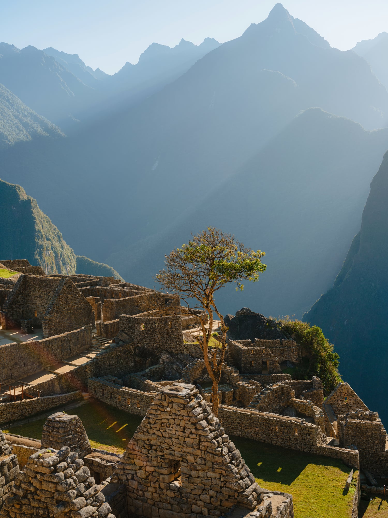 Morning view of Machu Picchu in the heights of the Andes Mountains in the Sacred Valley of the Incas in Peru.