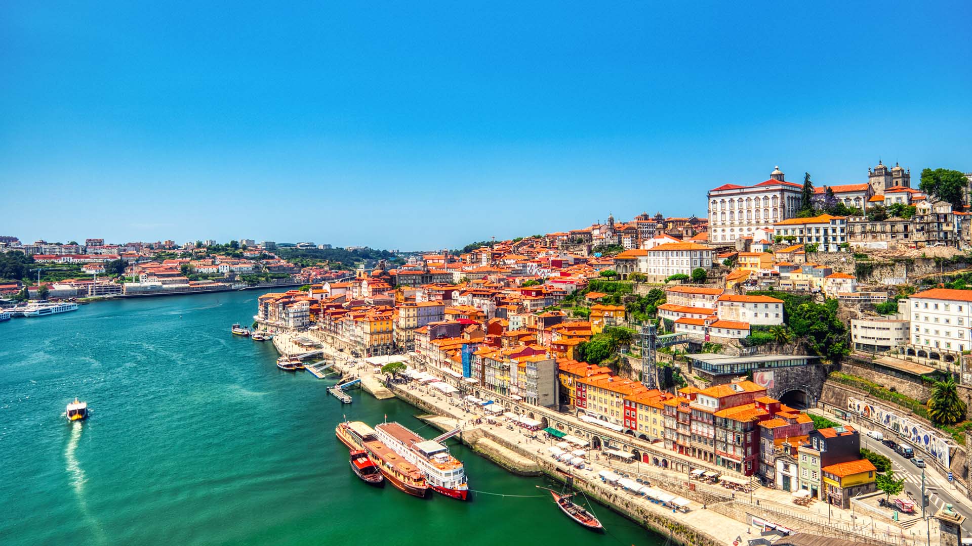 Porto Aerial Cityscape over Douro River during a Sunny Day