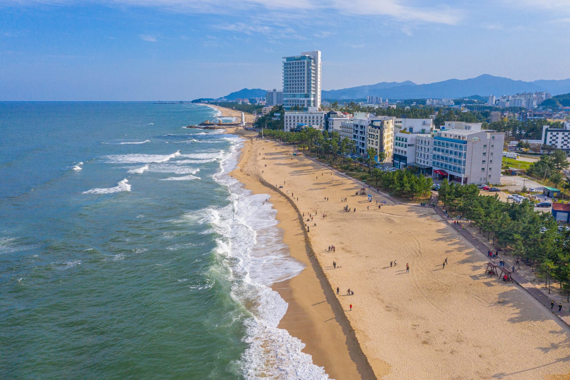 Aerial view of Gyeongpo Beach in Gangneung, Republic of Korea
