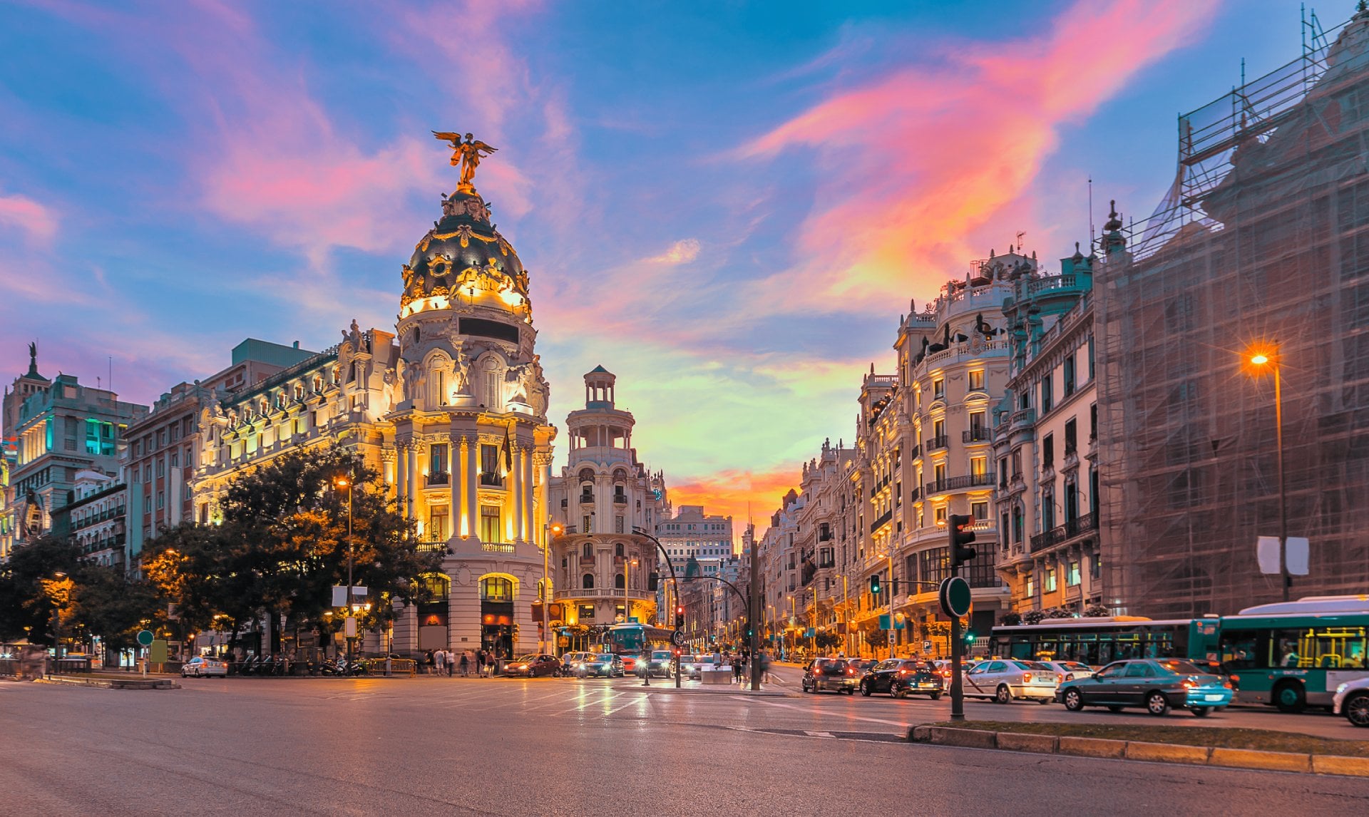 Madrid city skyline gran via street twilight, Spain