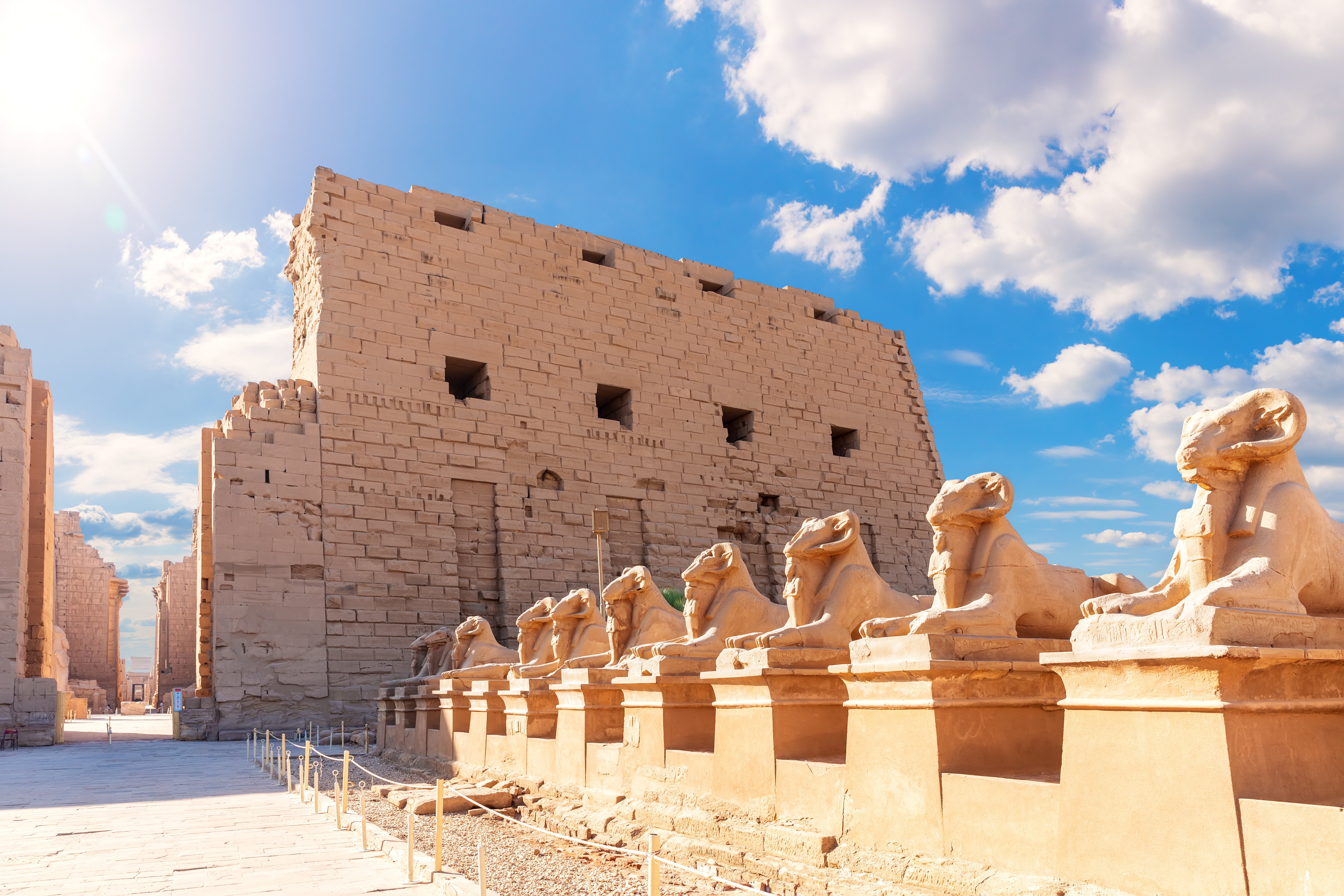 An avenue of human headed sphinxes at Karnak Temple