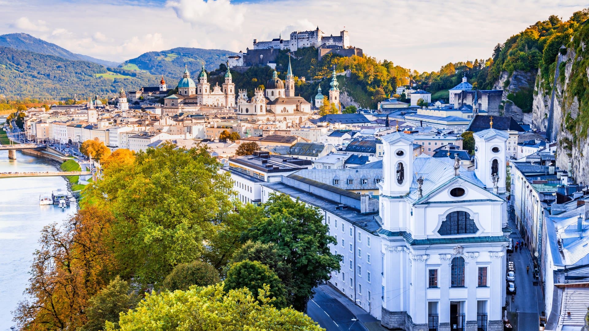 Salzburg skyline with Hohensalzburg castle and old town.