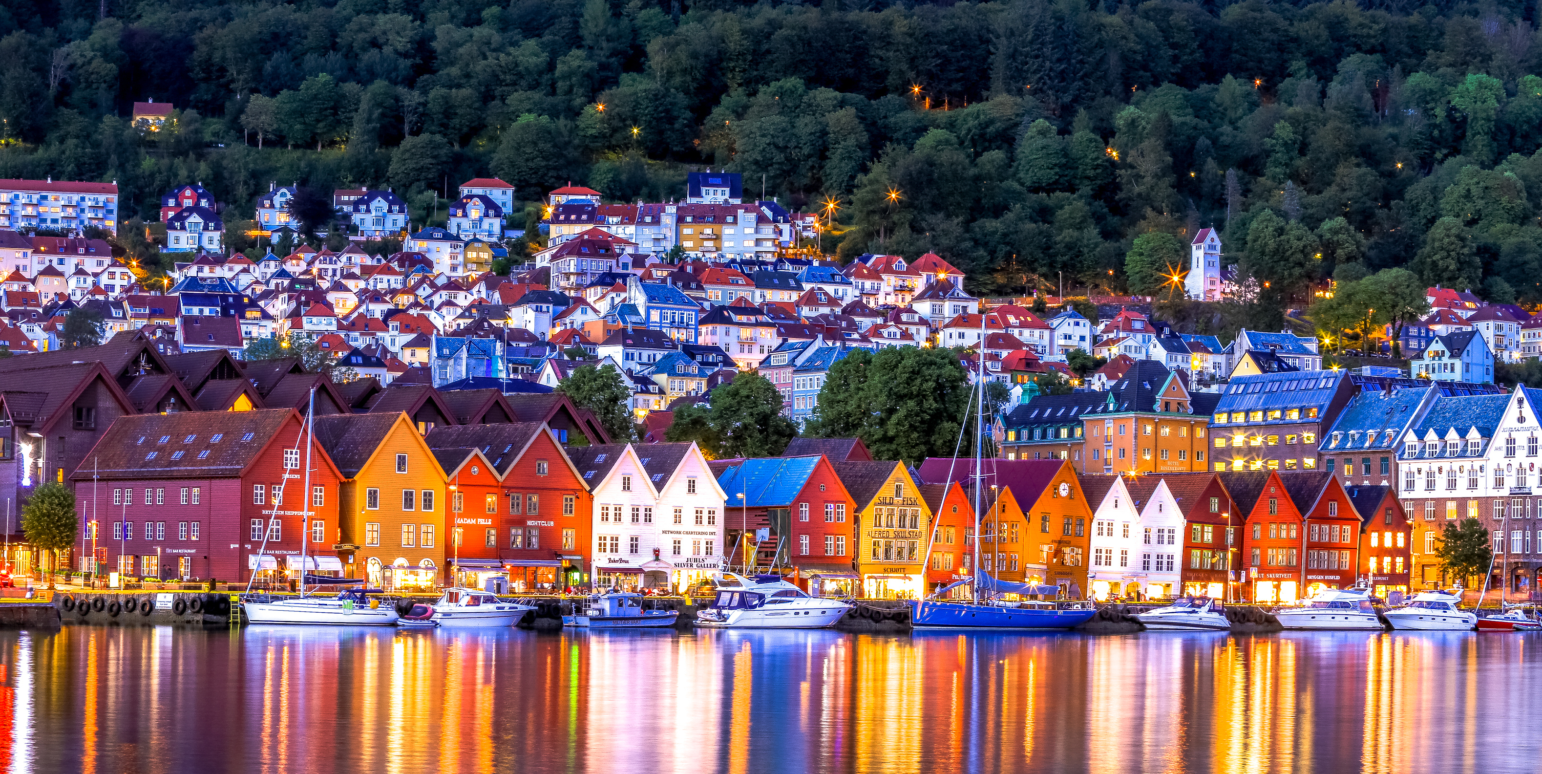 The famous Bryggen, with night lights all over the city