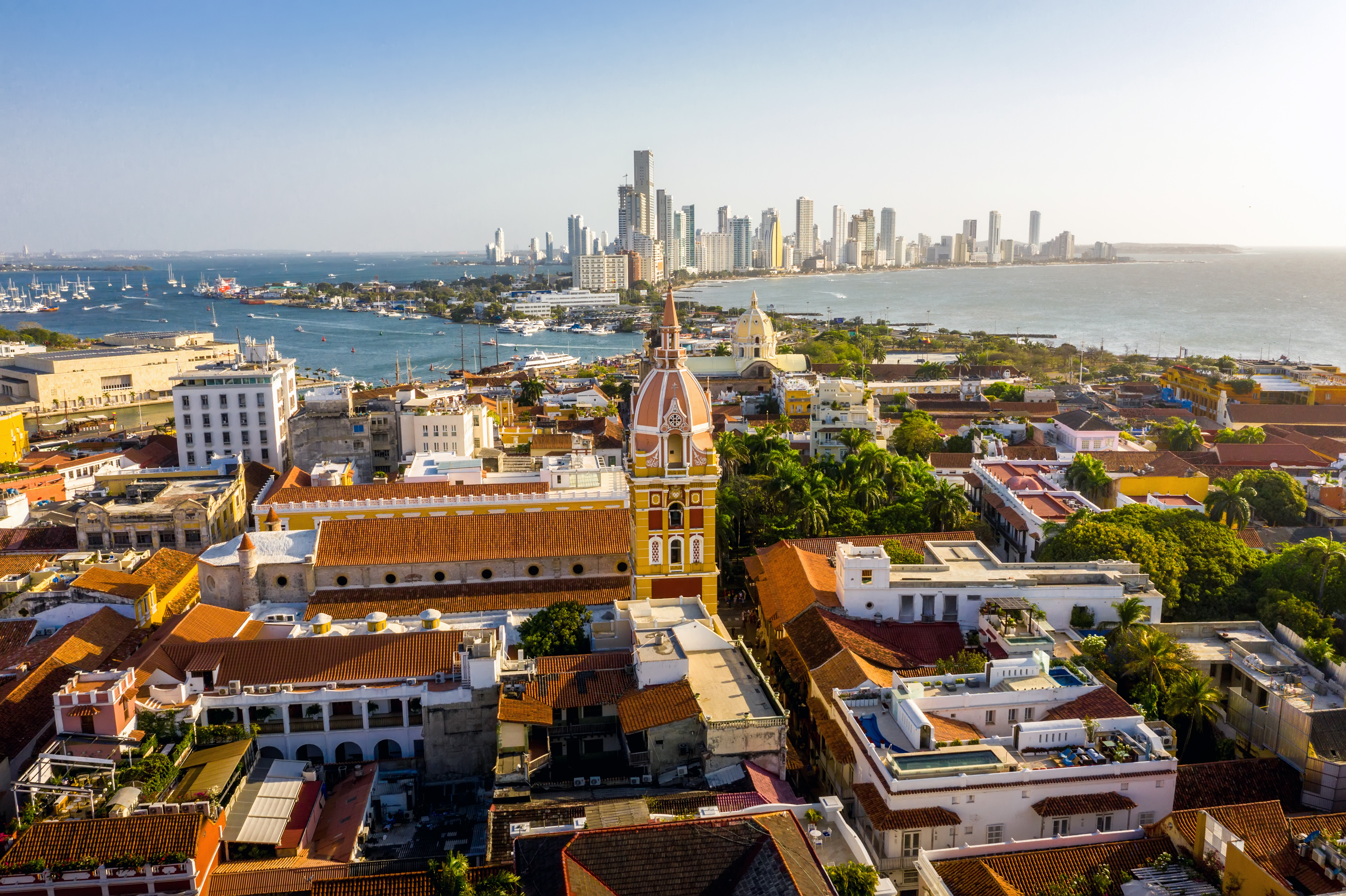 Aerial view of the historic city center of Cartagena, Colombia. Panorama of the old and new parts of the city in Cartagena