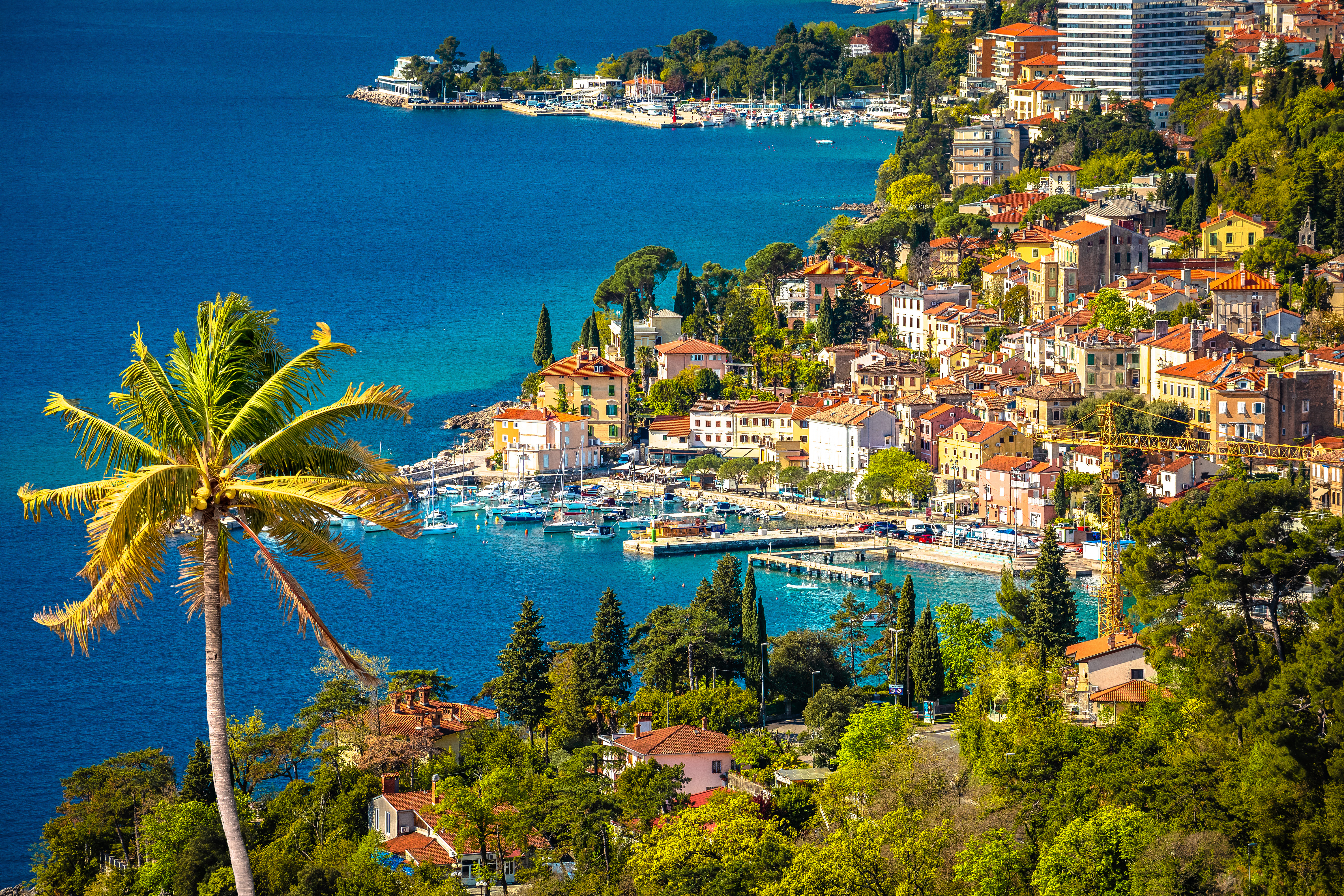 Town of Volosko on Opatija Riviera colofrul view, Kvarner bay of Croatia.