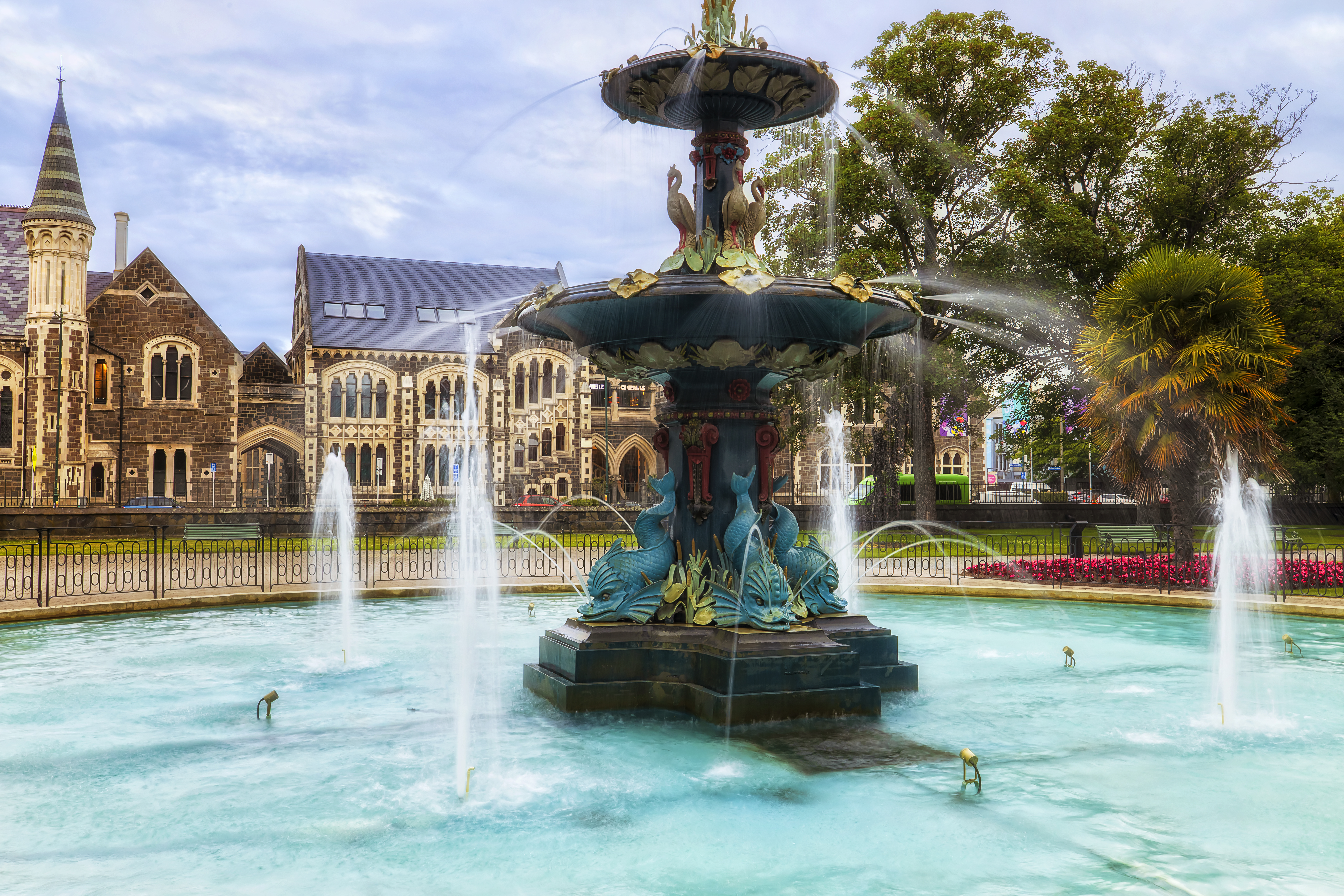 Scenic decorated Peacock fountain in public park of Christchurch city of New Zealand near university historic precinct.
