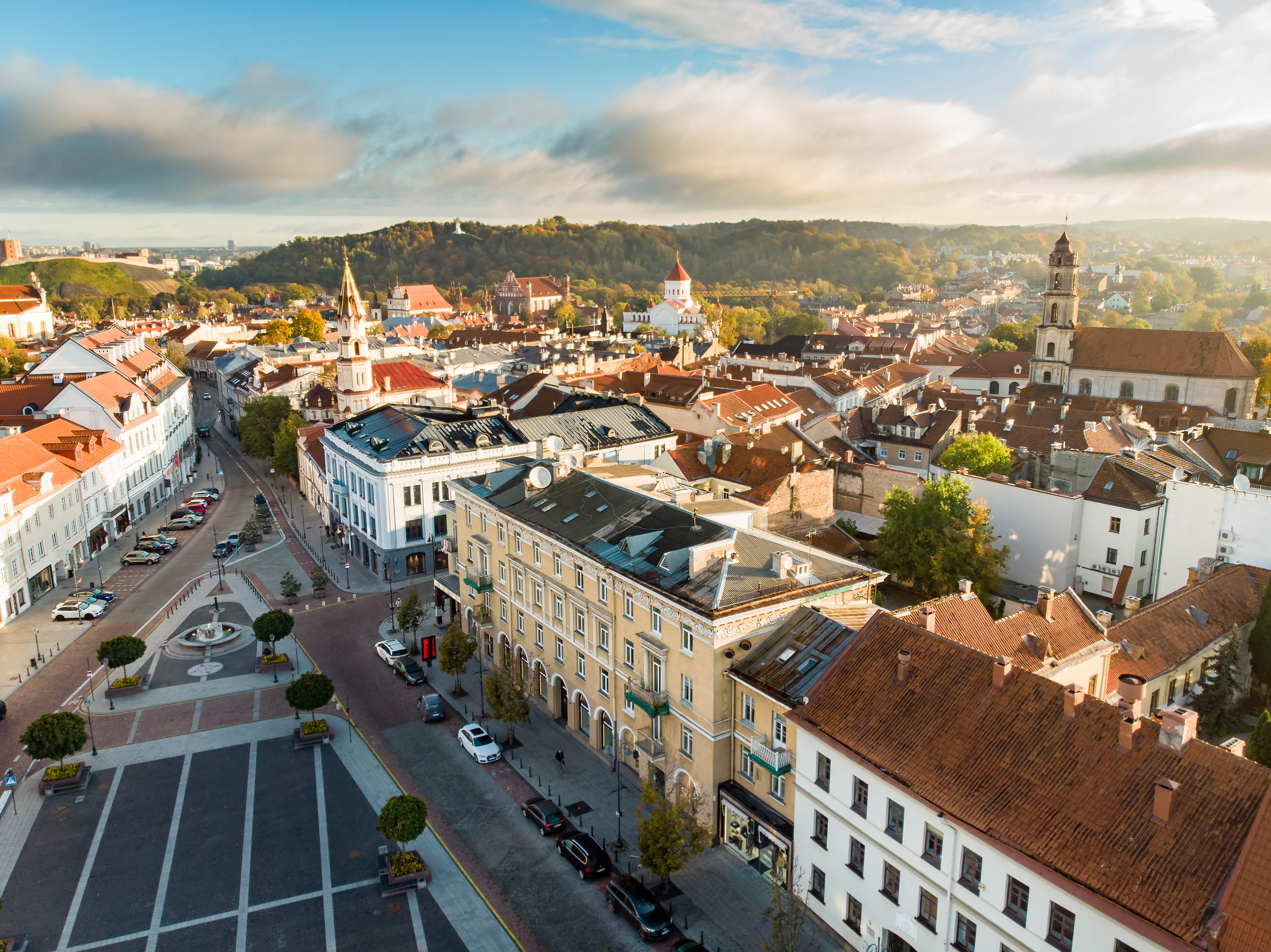 Town Hall Square at the end of the Pilies Street, a traditional centre of trade and events in Vilnius. Beautiful autumn day in the capital of Lithuania.