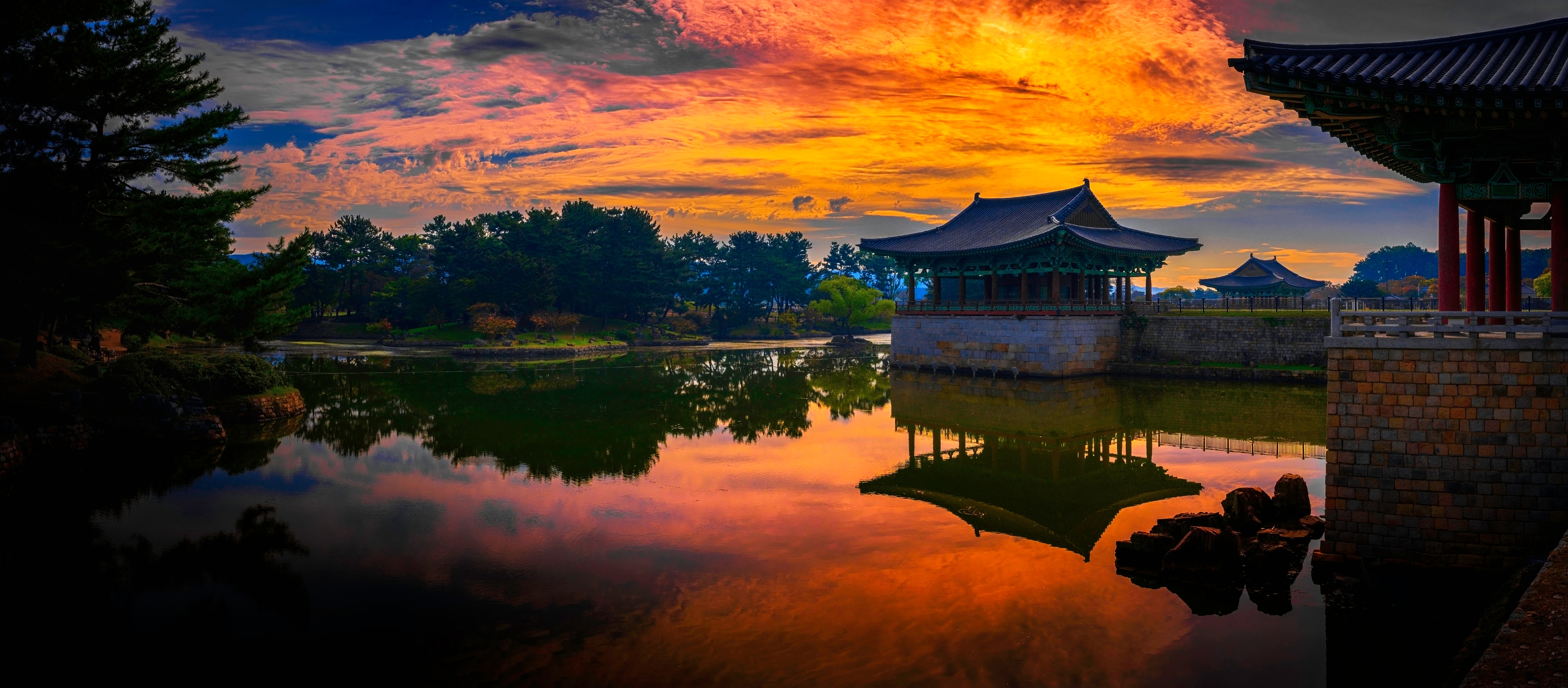Gyeongju City Landmark Heritage Site in South Korea, of Donggung Palace, Wolji Pond and Anapji Park with traditional Korean architecture and garden at sunset