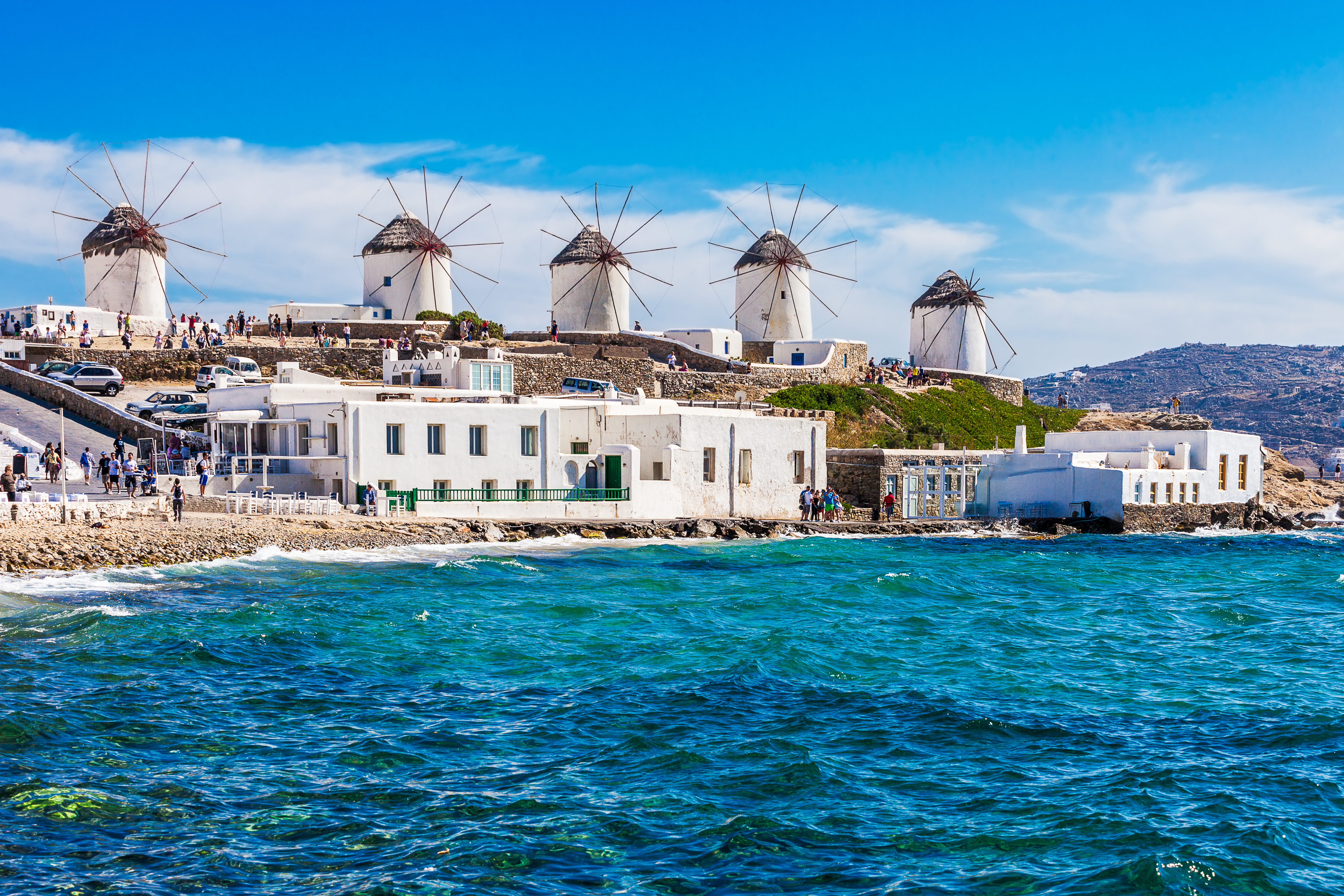 Two of the famous windmills in Mykonos.