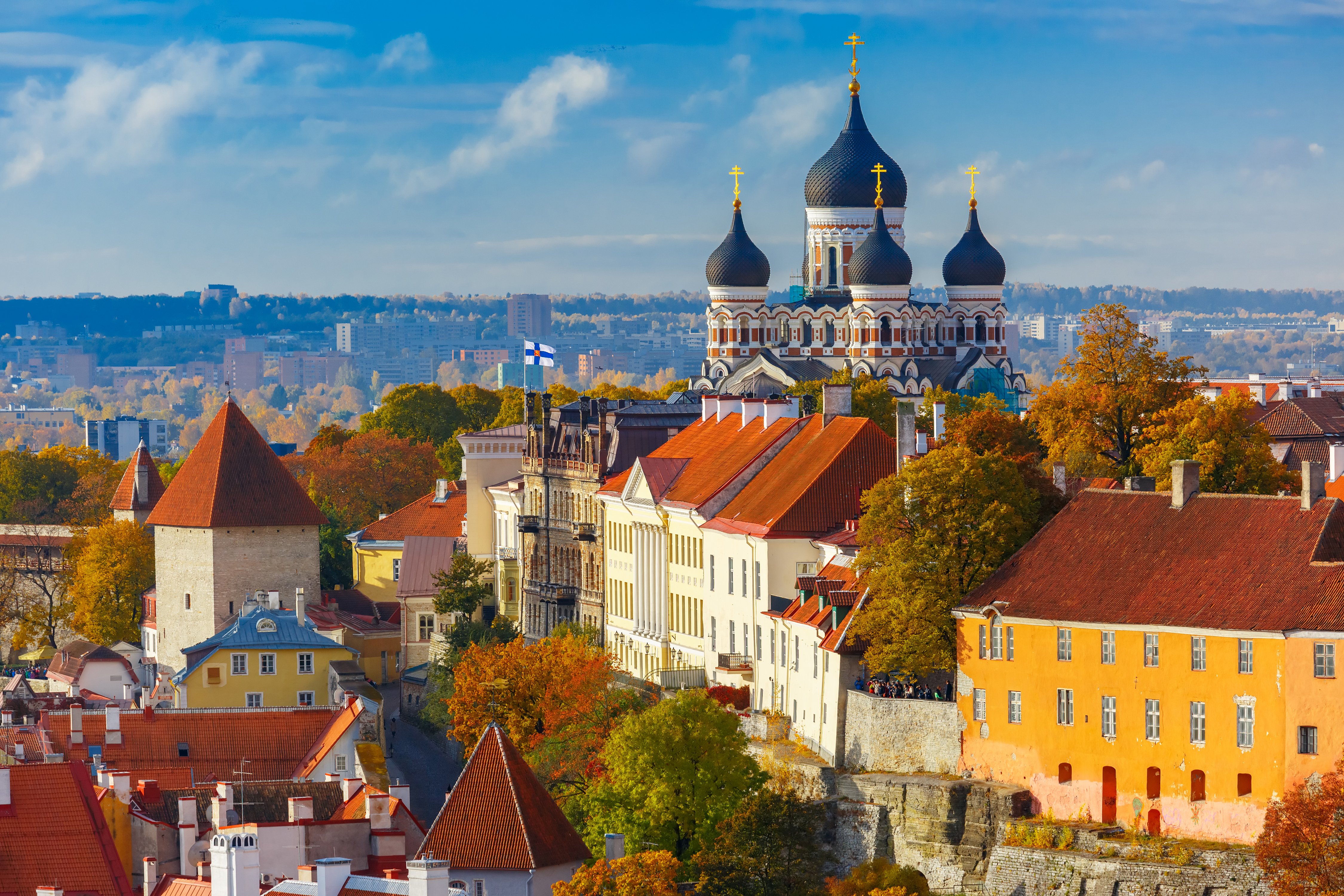 Toompea hill with tower Pikk Hermann and Russian Orthodox Alexander Nevsky Cathedral, view from the tower of St. Olaf Church.