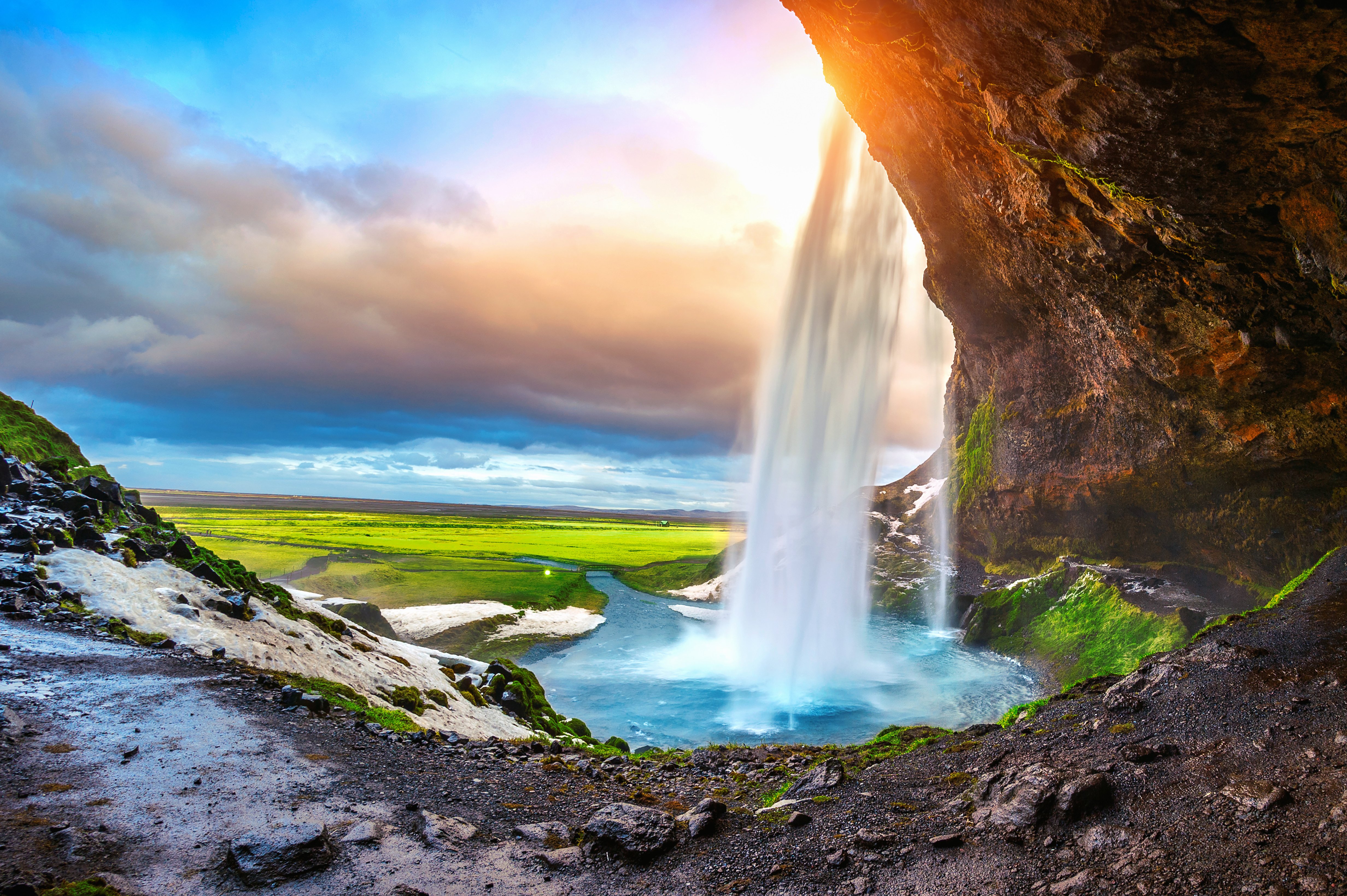 Seljalandsfoss Waterfall during the sunset, Beautiful waterfall in Iceland.