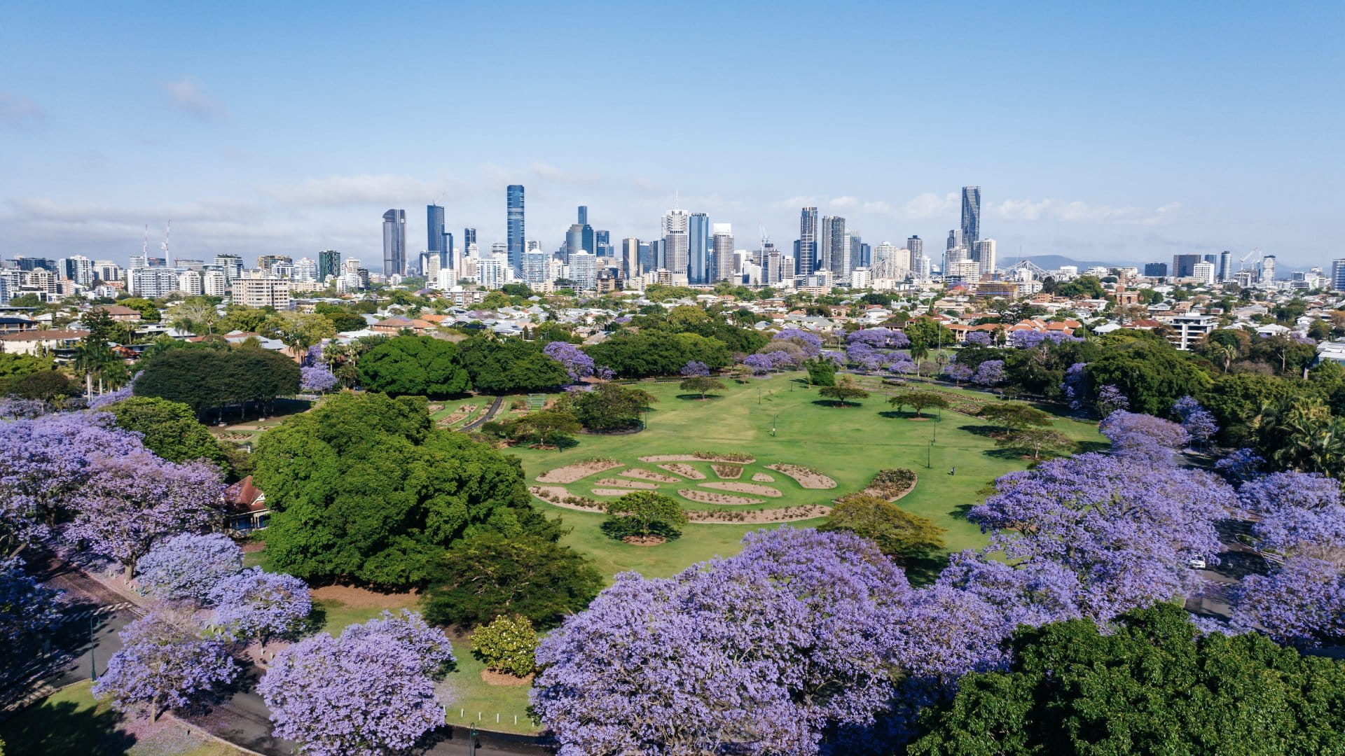 Aerial view of New Farm Park in Brisbane, Queensland, Australia.