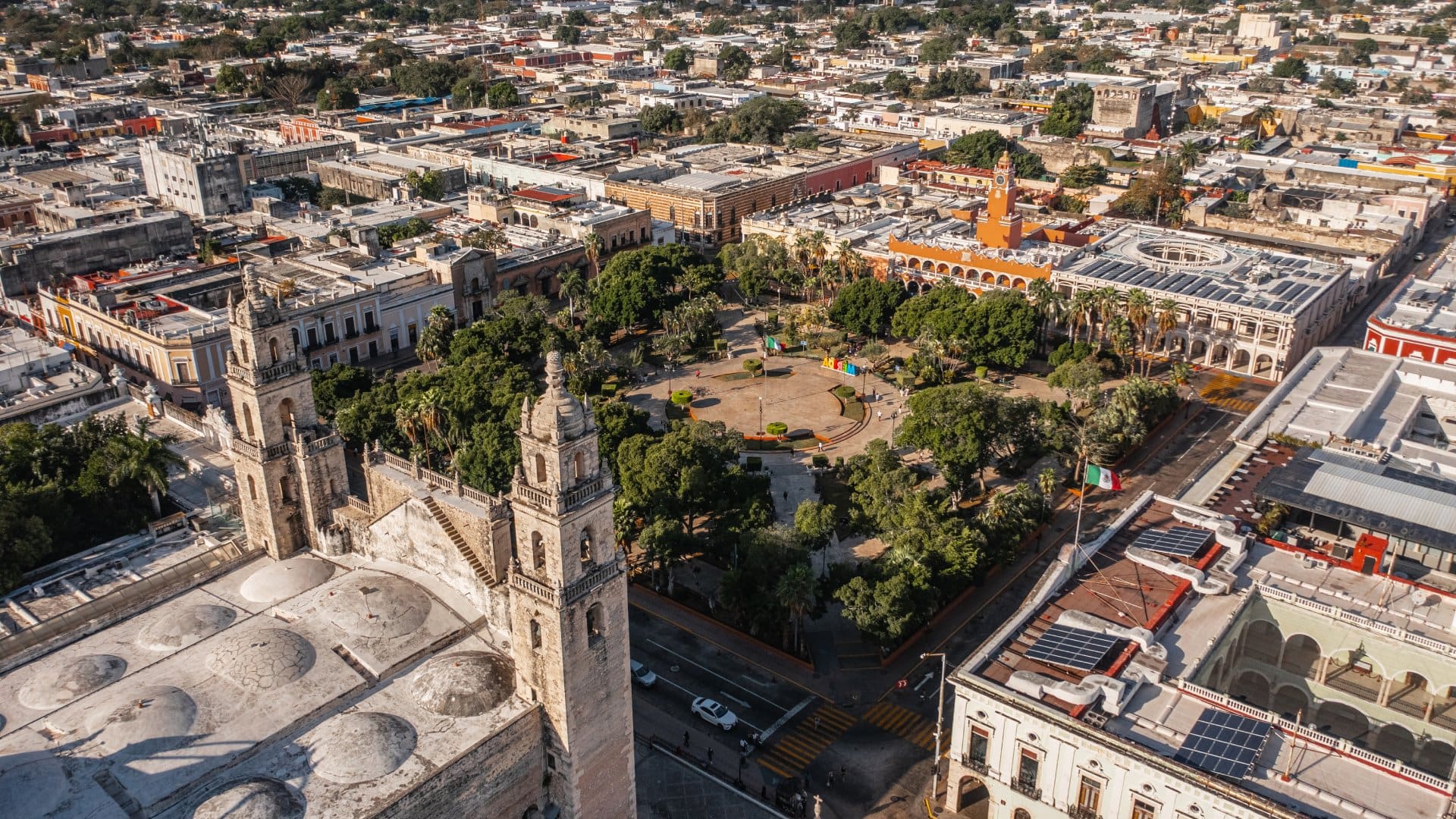 Aerial view of Plaza Grande on a bright, sunny day in Merida, Mexico.