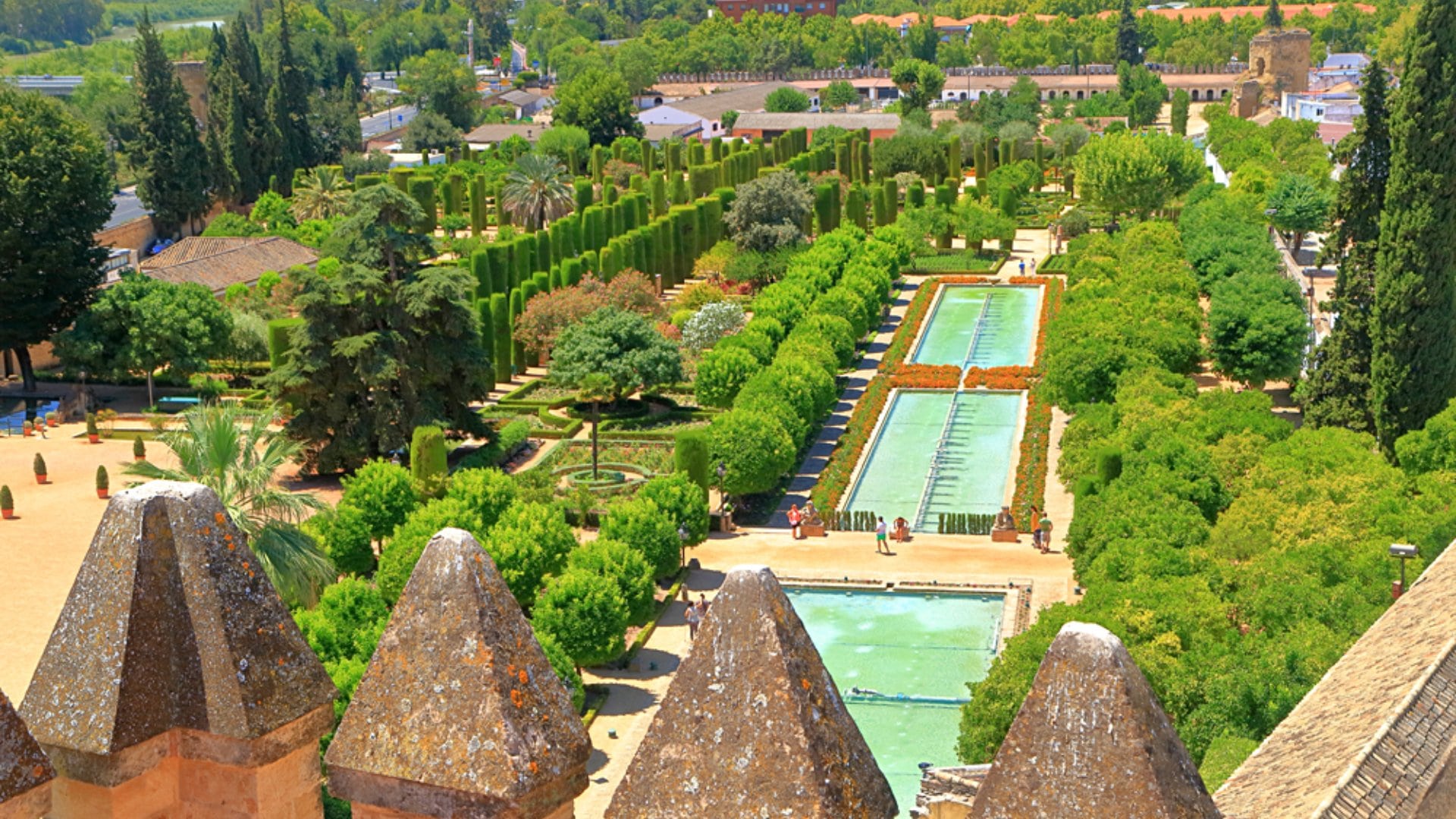 Aerial view to beautiful pools in the gardens of the Alcazar of the Christian Monarchs, Cordoba, Andalusia, Spain