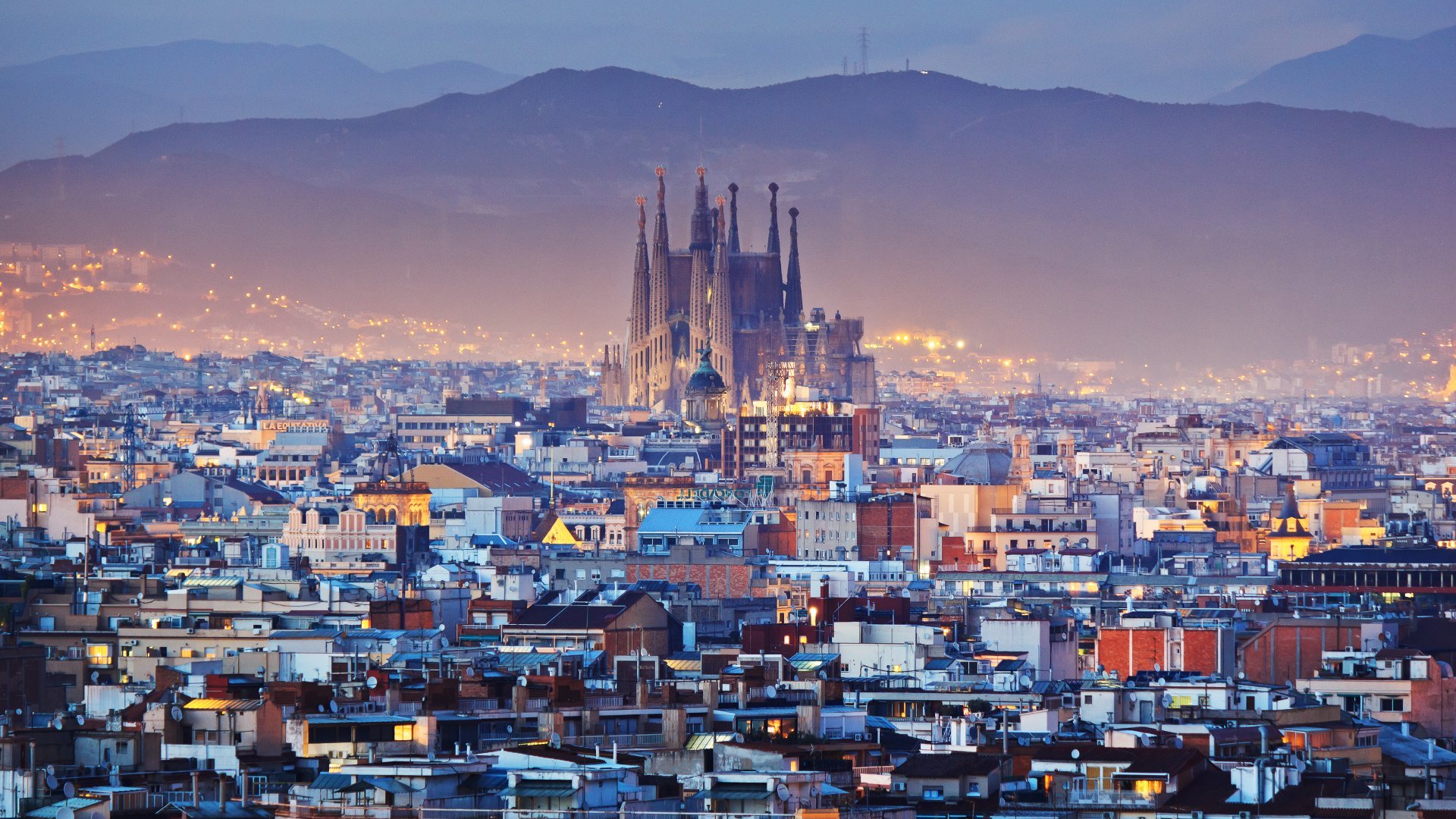 Barcelona at night with a view of Sagrada Familia