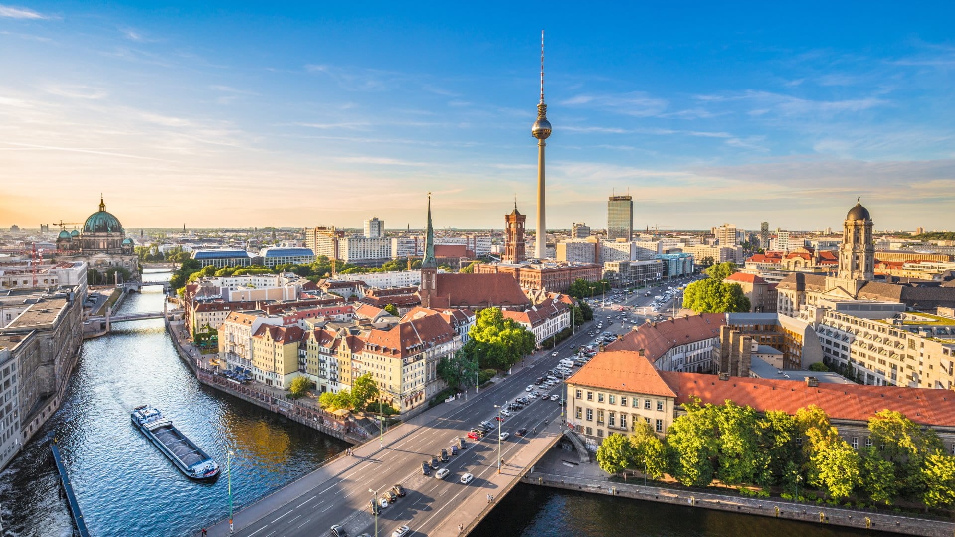 Berlin skyline with Spree river at sunset, Germany