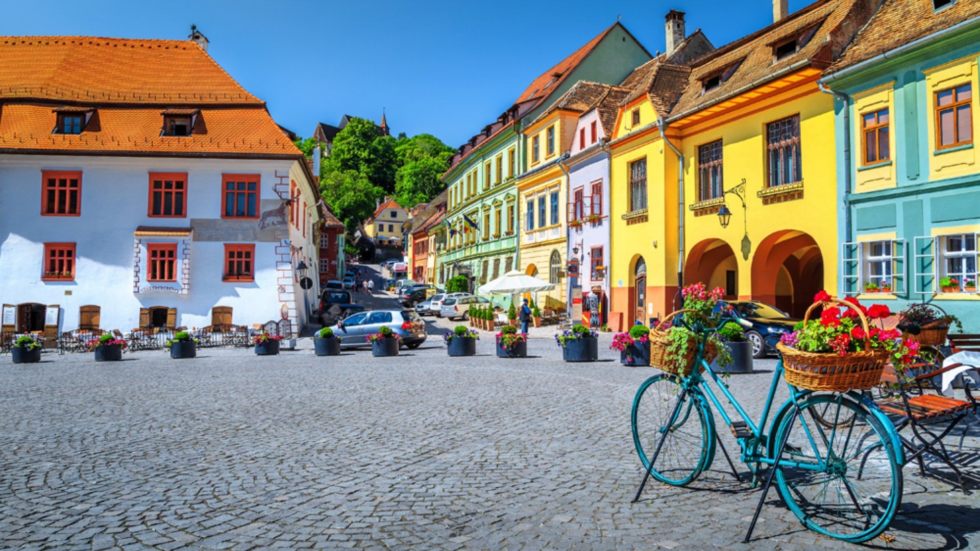 Colourful Medieval Buildings in City Center, Sighisoara Fortress, Transylvania, Romania