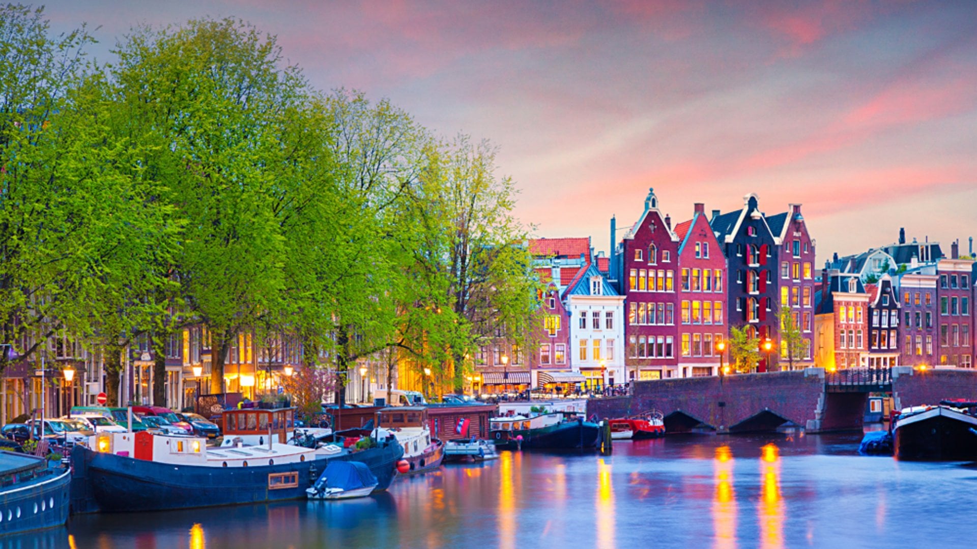 Colourful Spring Sunset on the Canals of Amsterdam, Netherlands