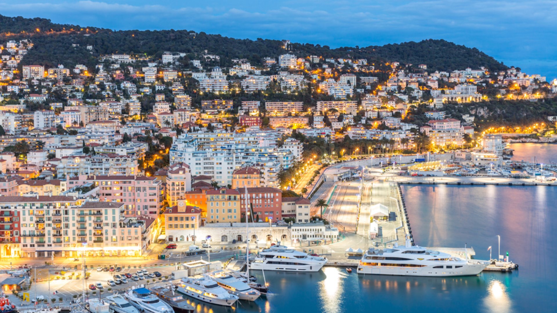 Cote d'Azur with Mediterranean beach at dusk, Nice, France