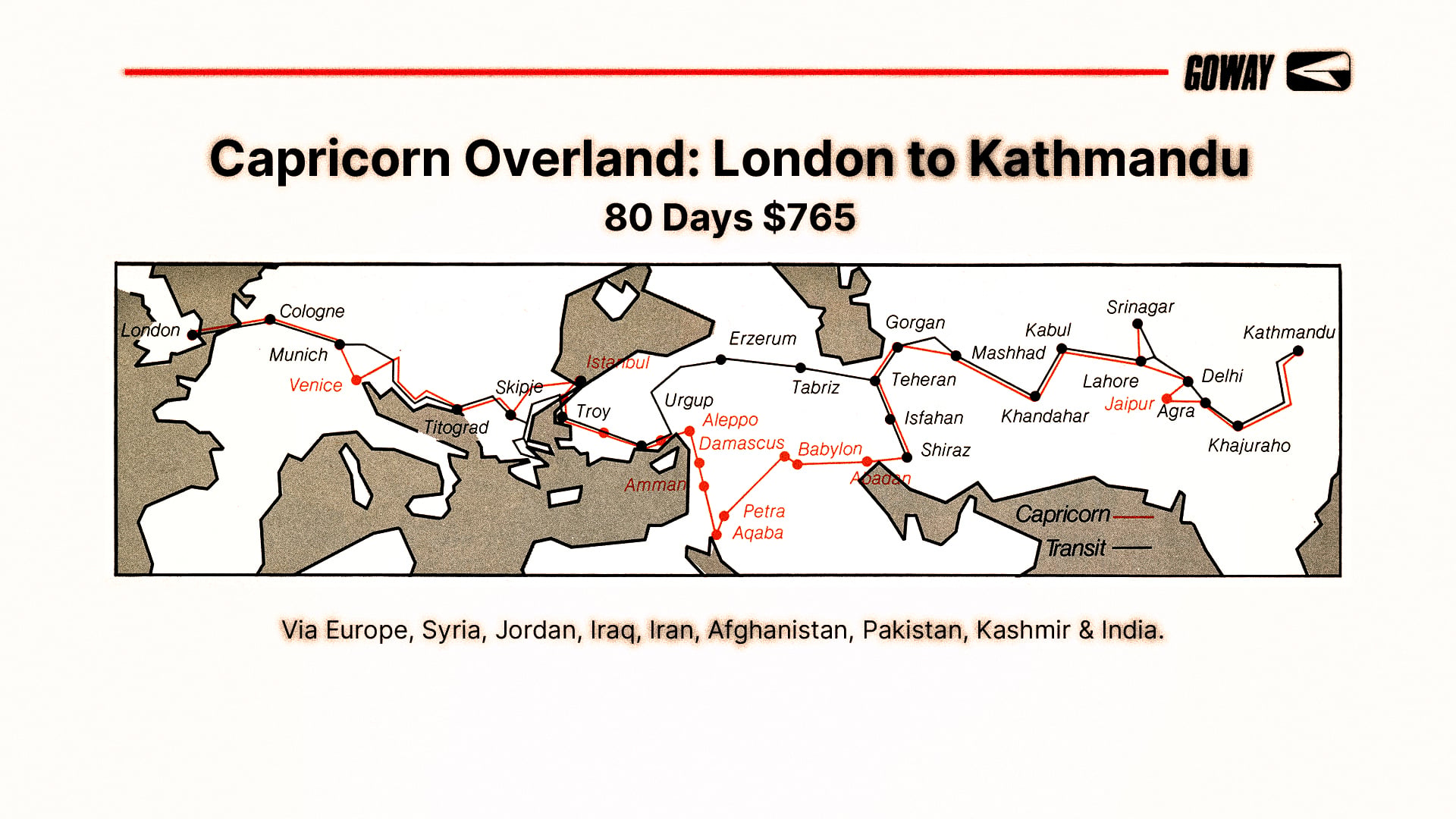 Archival map for overland trip from London to Kathmandu