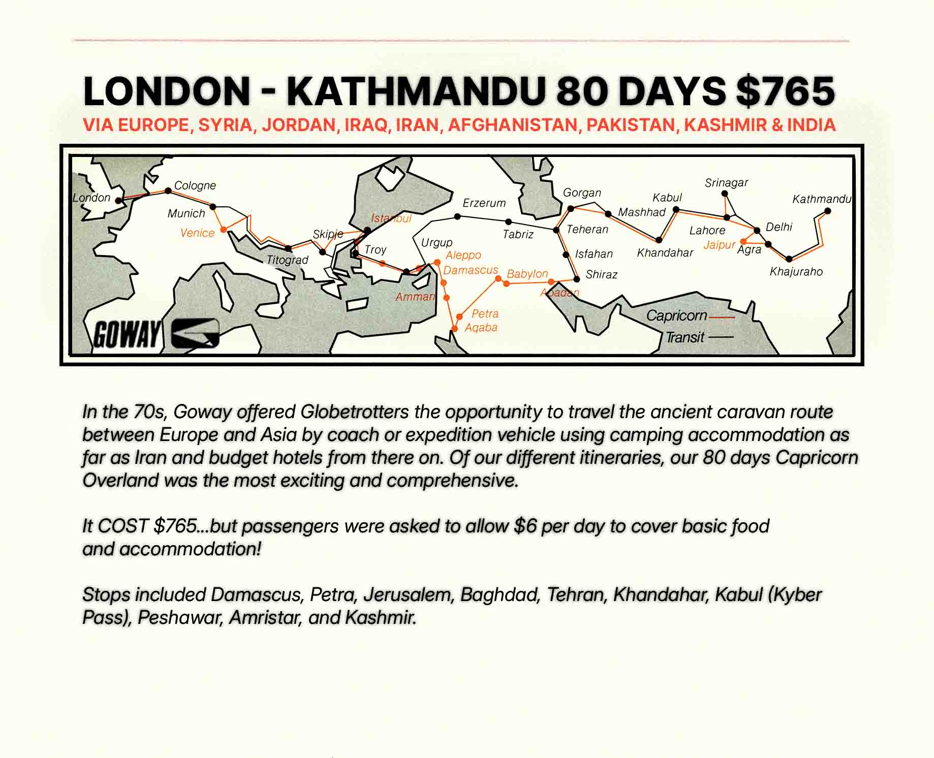 Map of 80 day overland tour from London to Kathmandu