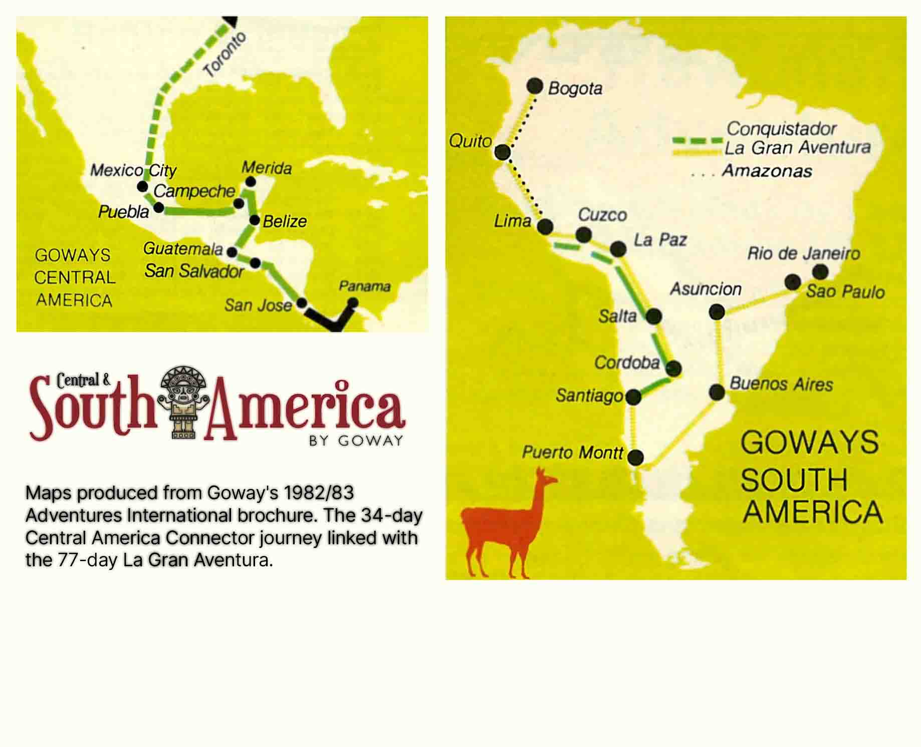 Two old Goway bus maps through Central and South America