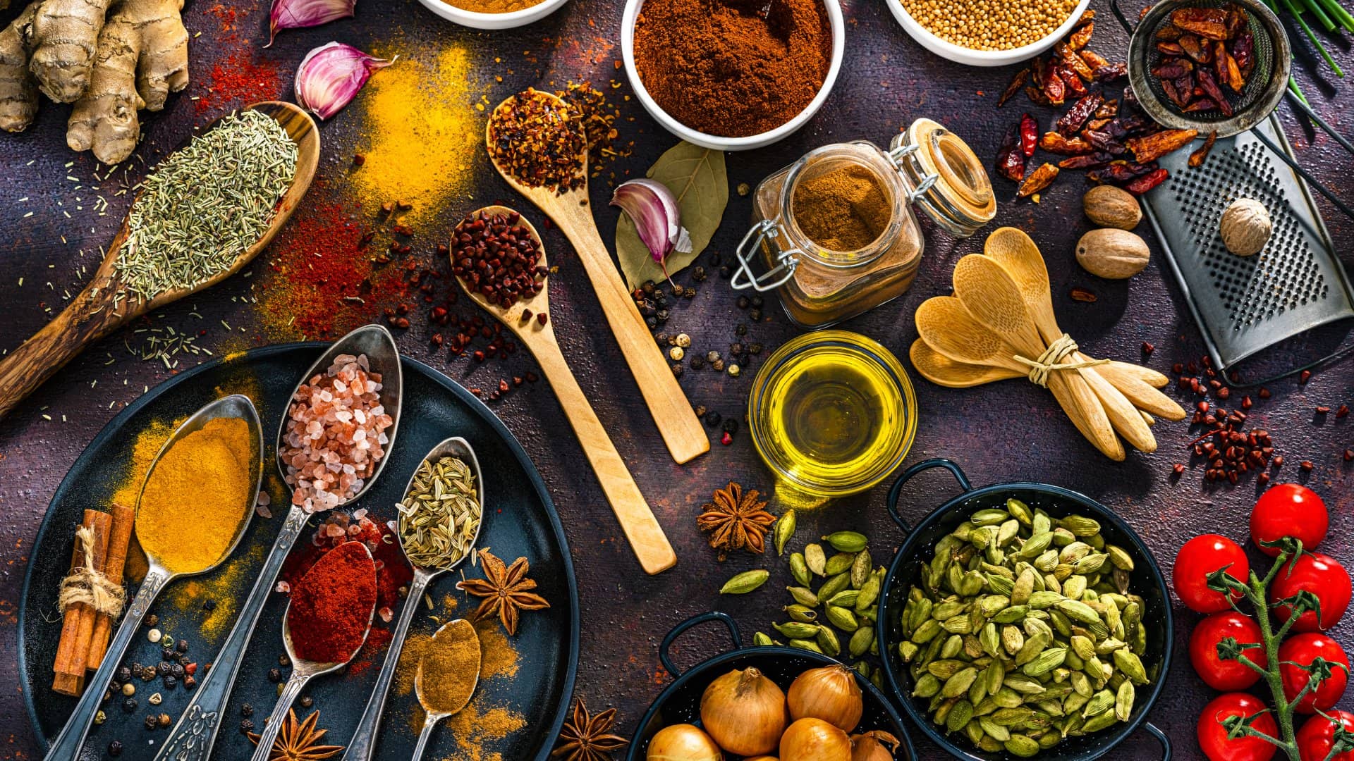 Indian food: spices, herbs and condiments background