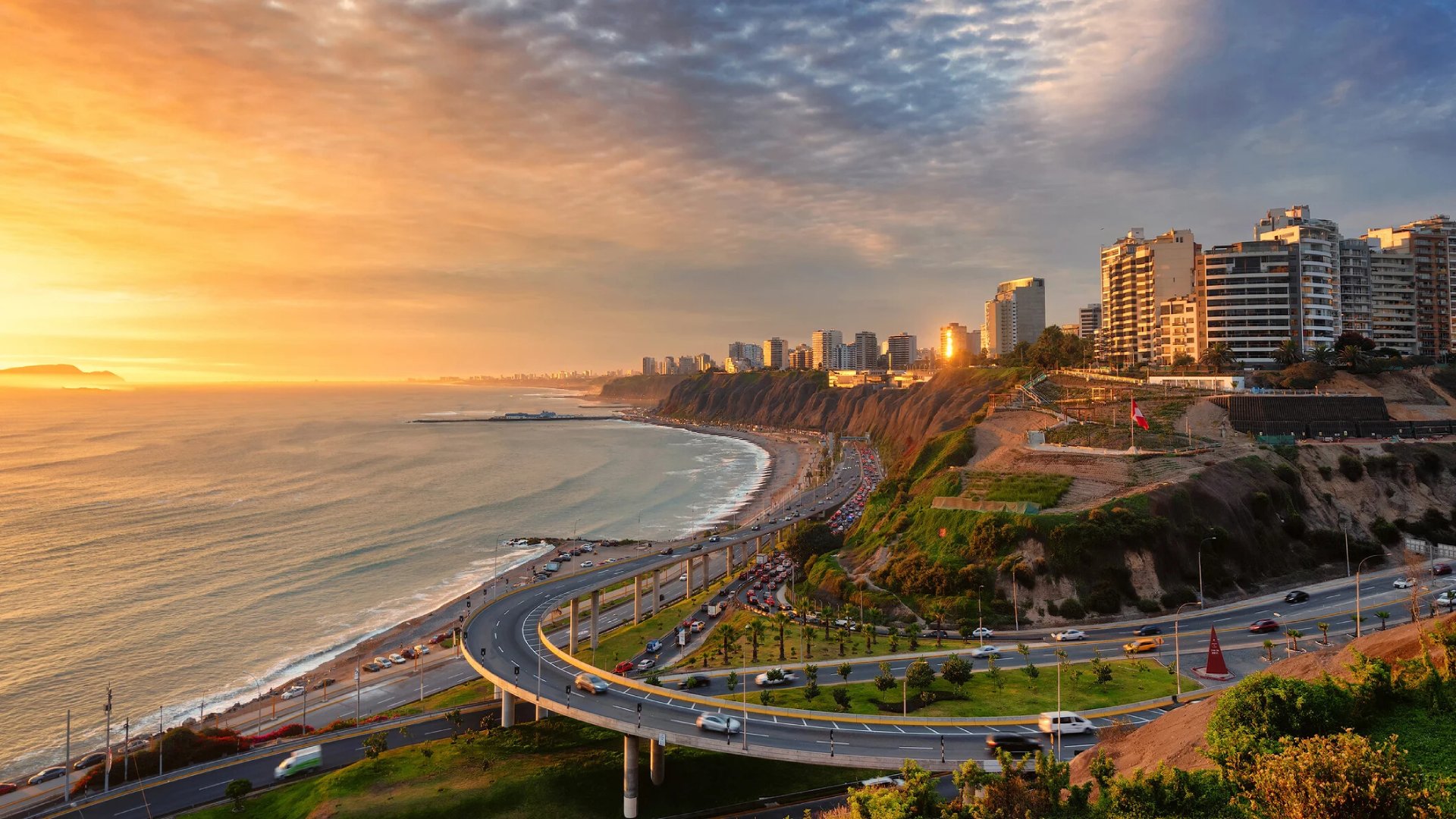 Lima, Peru along the coast also known as Circuito de Playas de la Costa Verde at a golden hour sunset