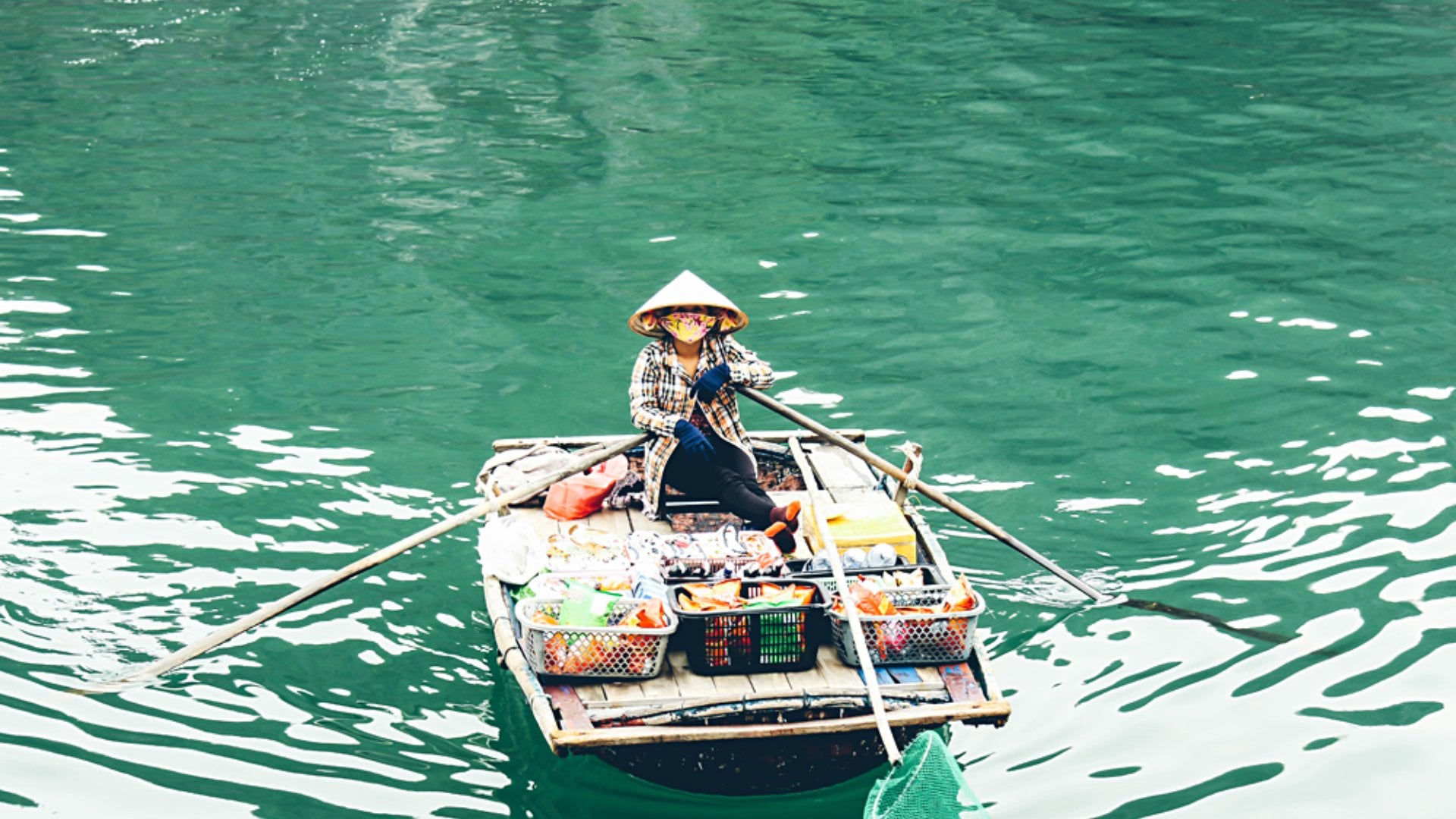 Michaela Trimble - Approaching Local Vendor Paddling to Our Boat, Halong Bay, Vietnam