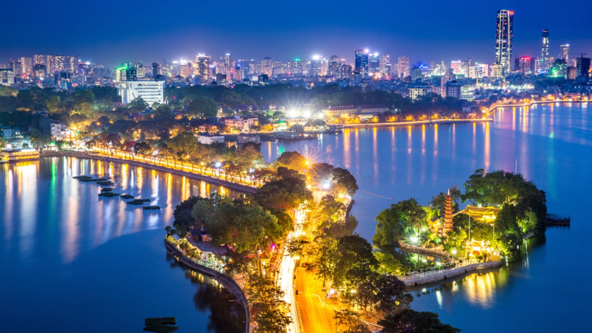 Night time view of West Lake, Hanoi, Vietnam