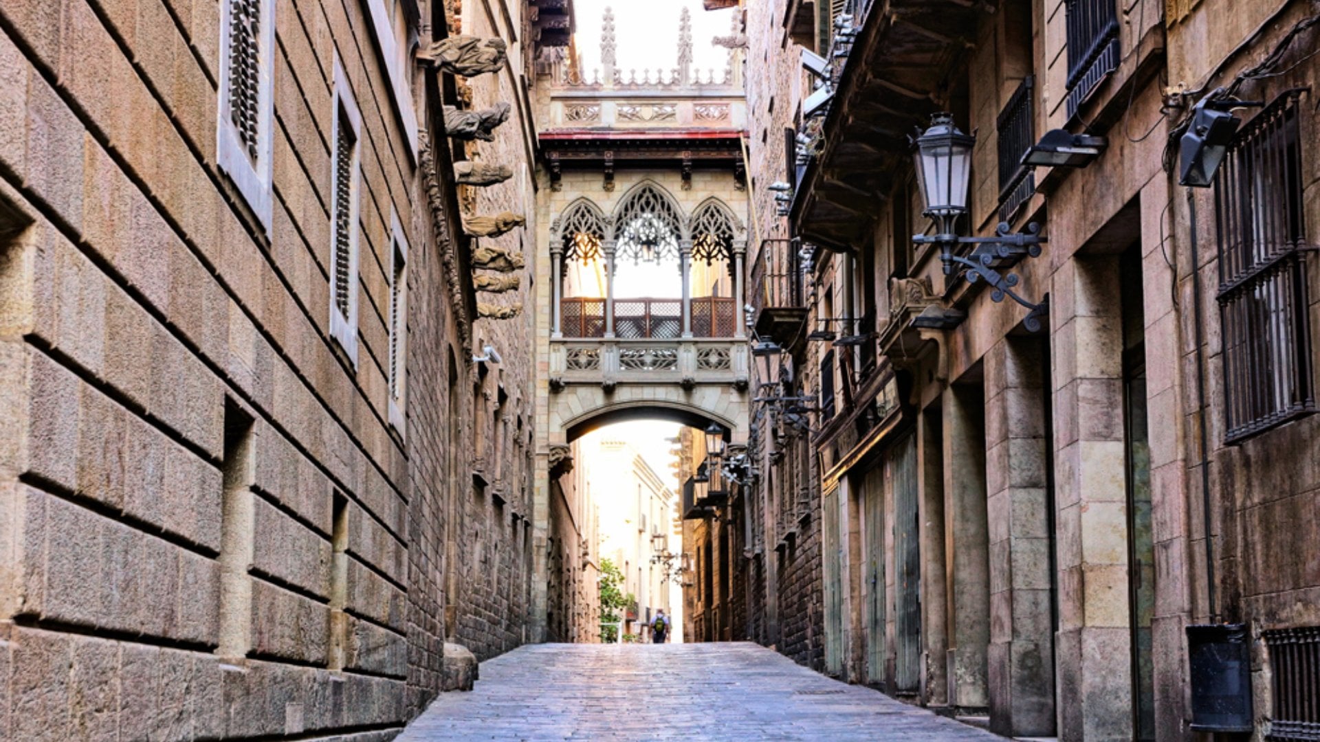 Ornate covered bridge in the Gothic Quarter of old Barcelona, Spain