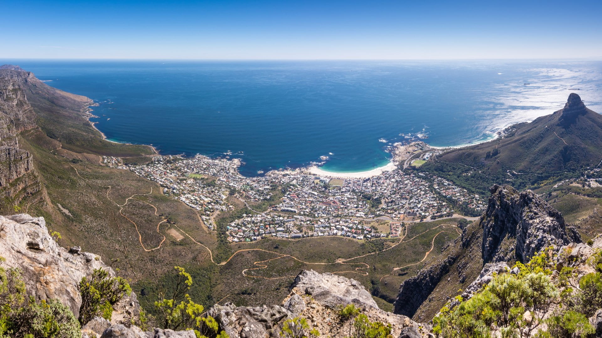 Panoramic view of Camps Bay from Table Mountain, Cape Town