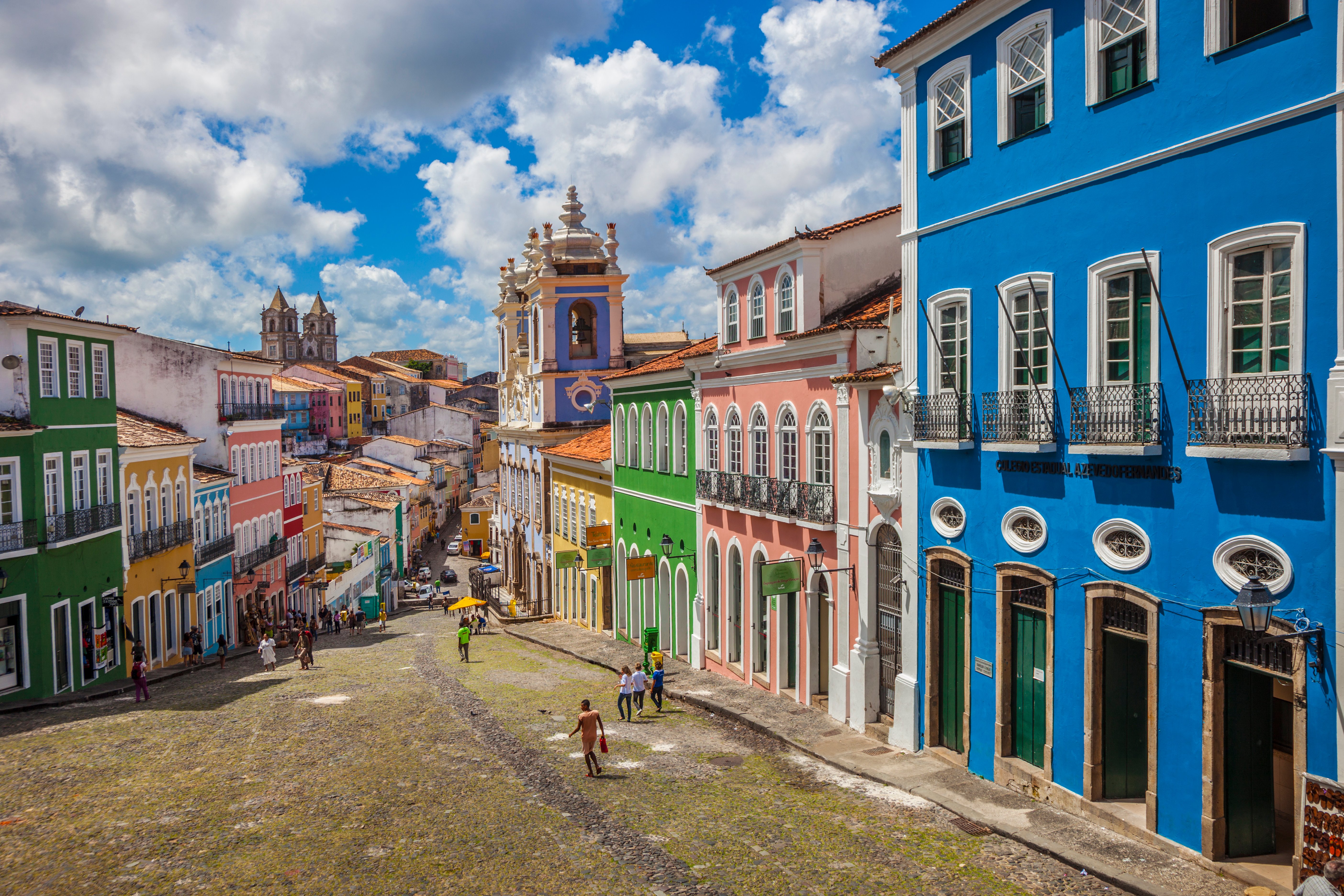 Aerial view of people walking through the UNESCO-listed historic Pelourinho neighbourhood in Salvador, Brazil.