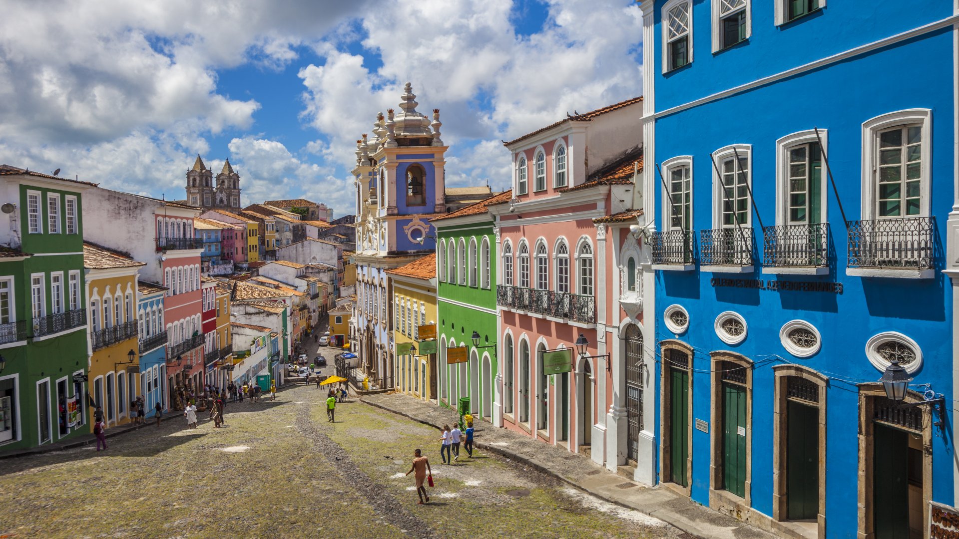 Aerial view of people walking through the UNESCO-listed historic Pelourinho neighbourhood in Salvador, Brazil.