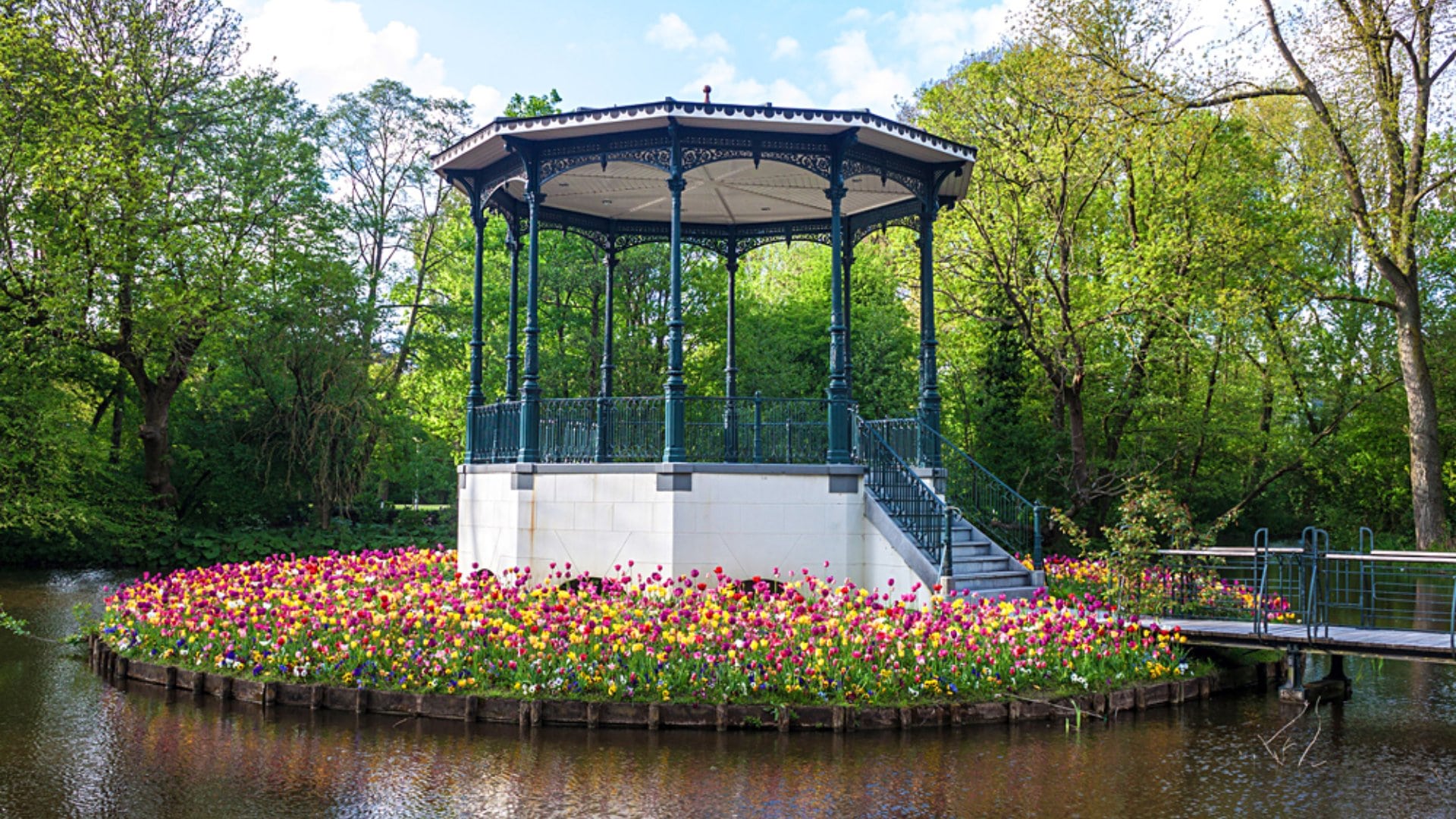 Pond and Tulips in Vondelpark, Amsterdam, Netherlands