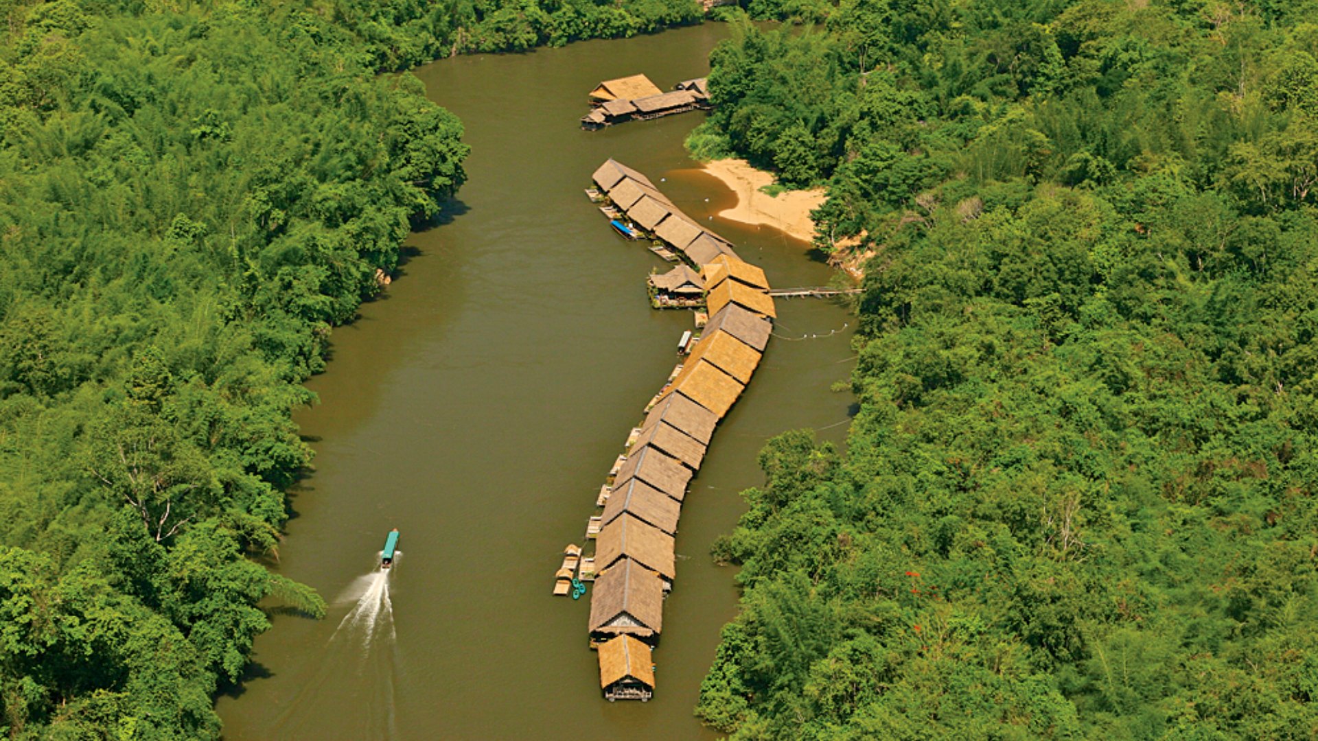 Aerial view of River Kwai Jungle Rafts Resort, Kanchanaburi, Thailand