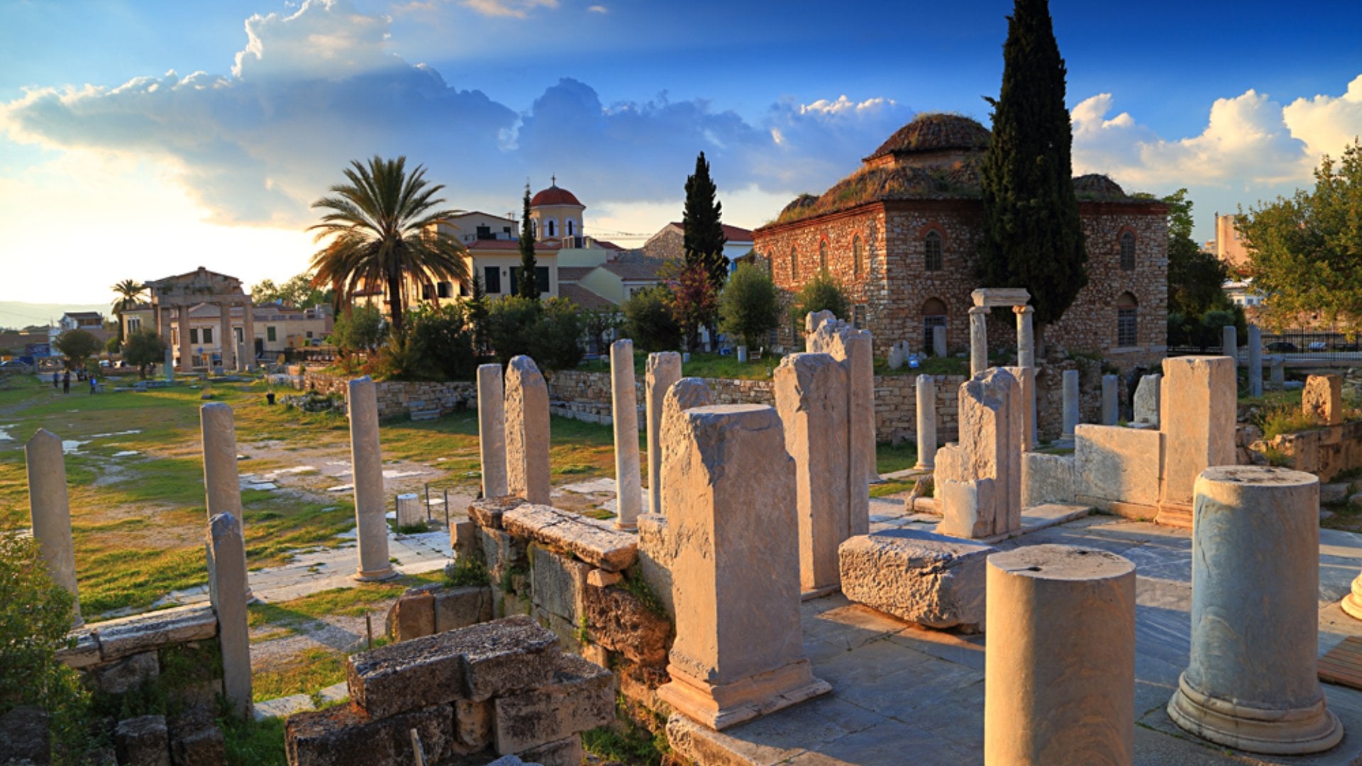 Roman Agora with Ancient Columns and Byzantine Church at Sunset, Athens, Greece