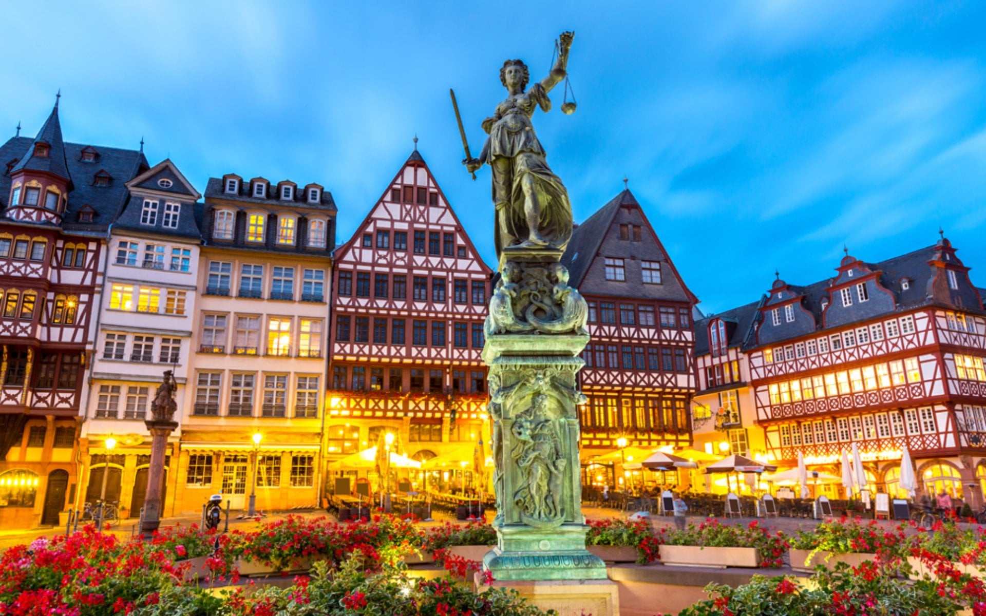 Romerberg Old Town Square with Justitia Statue, Frankfurt, Germany