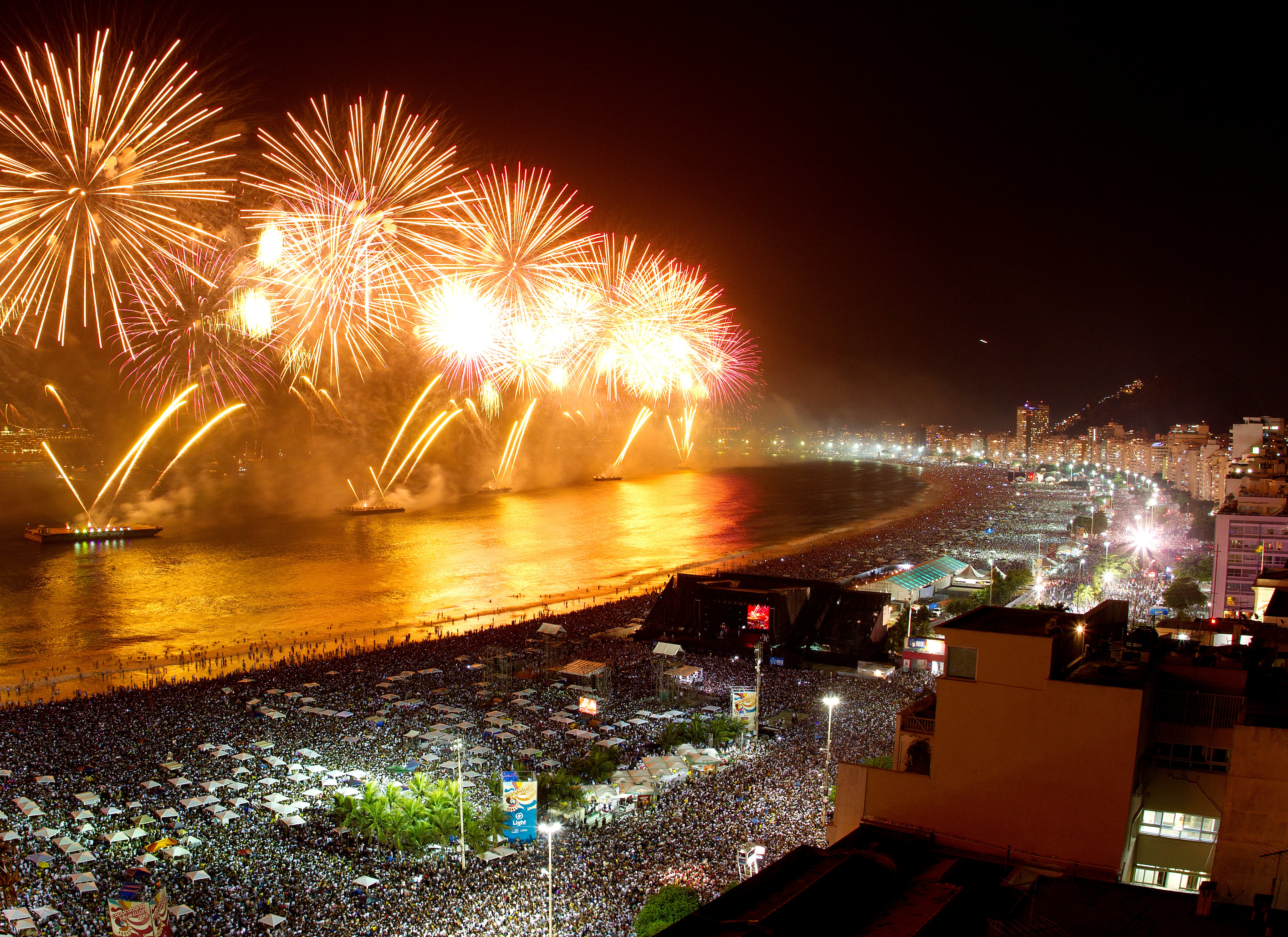 Aerieal view of New Year's Eve in Rio de Janeiro, also called Reveillon, the most popular celebration of the year after Carnaval.