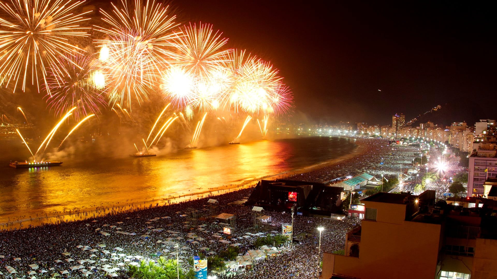 Aerieal view of New Year's Eve in Rio de Janeiro, also called Reveillon, the most popular celebration of the year after Carnaval.