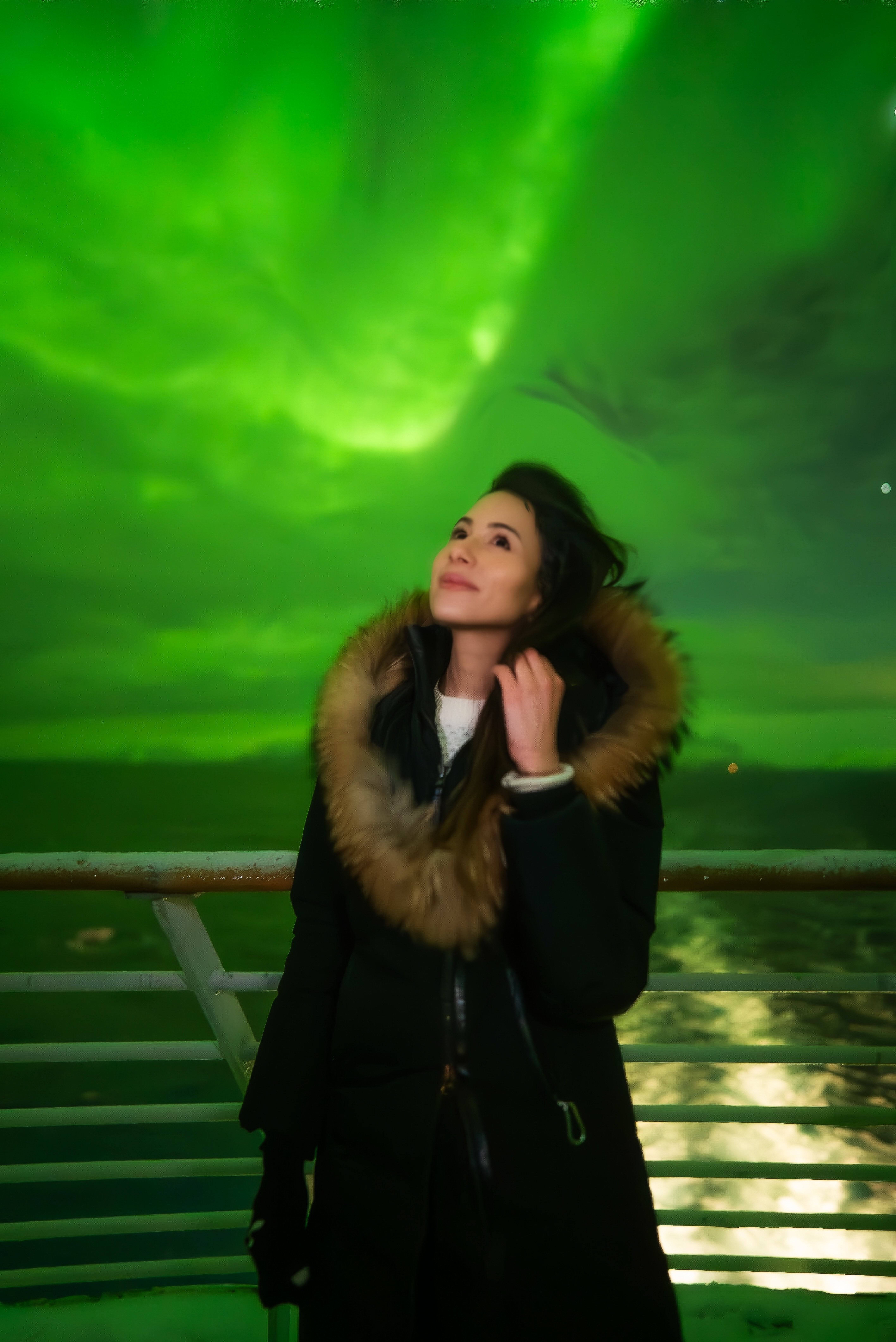 Guest Contributor Sophia Michelen watching the green glow of the Northern Lights.