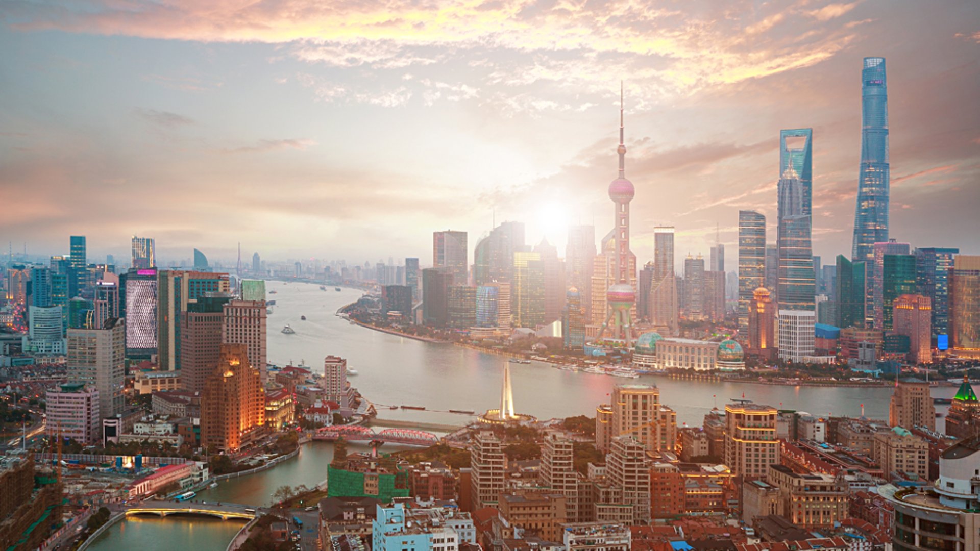Shanghai Financial District and Bund Skyline at Sunrise, China