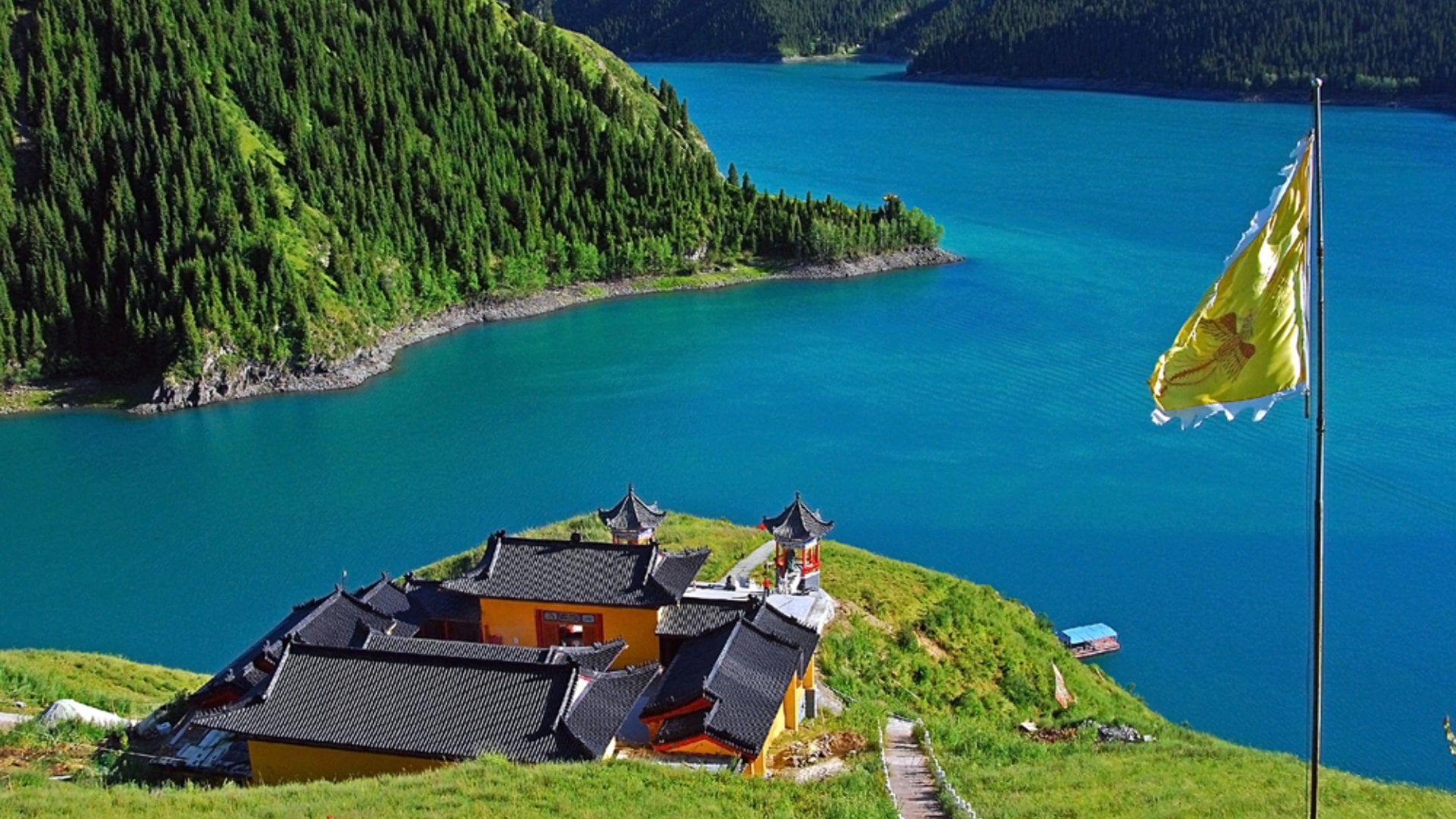 Temple on Heavenly Lake, near Urumqi, Xinjiang Tianshan, China